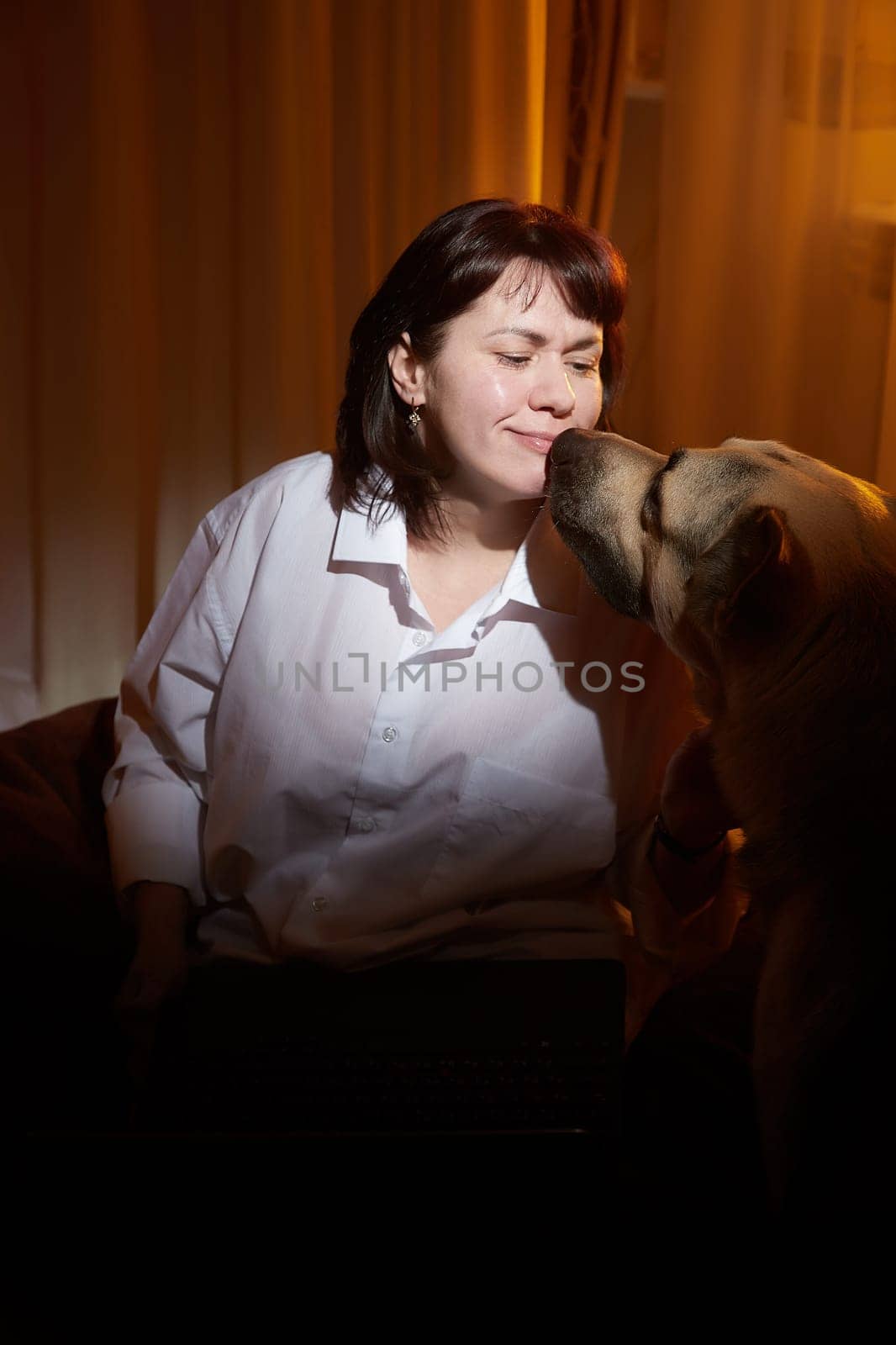 Adult mature woman with big shepherd dog in white shirt in dark room. Concept of loneliness and love for animals, pets