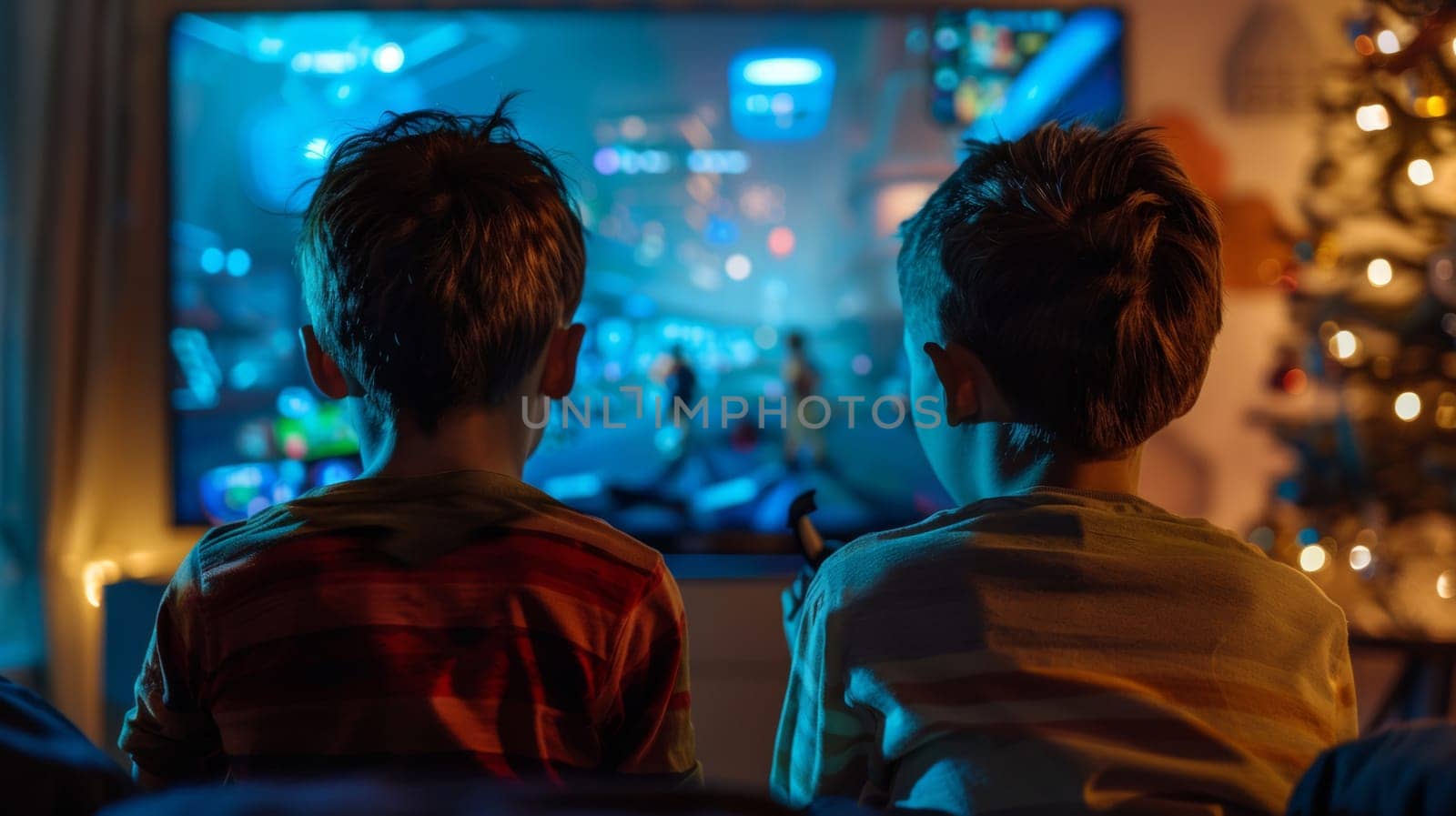 Rear view of two young kid boys looking at the TV or playing on a console in their house by papatonic