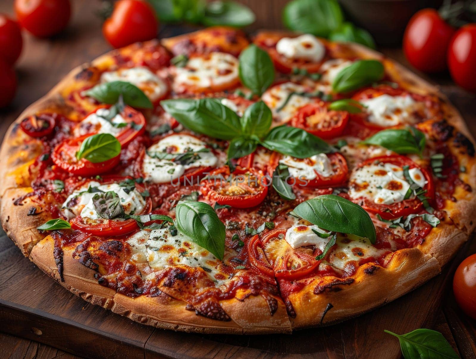 delicious caprese pizza with tomato sauce, mozzarella and basil on wooden table with tomatoes and spices by papatonic