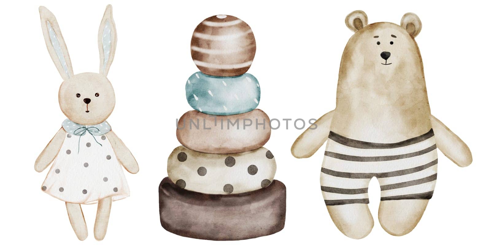Kids toys set. Watercolor drawing of a retro bear, bunny and wooden pyramid. Clip art isolated on white background in pastel colors. For the design of children's cards, invitations, tags, posters. High quality illustration