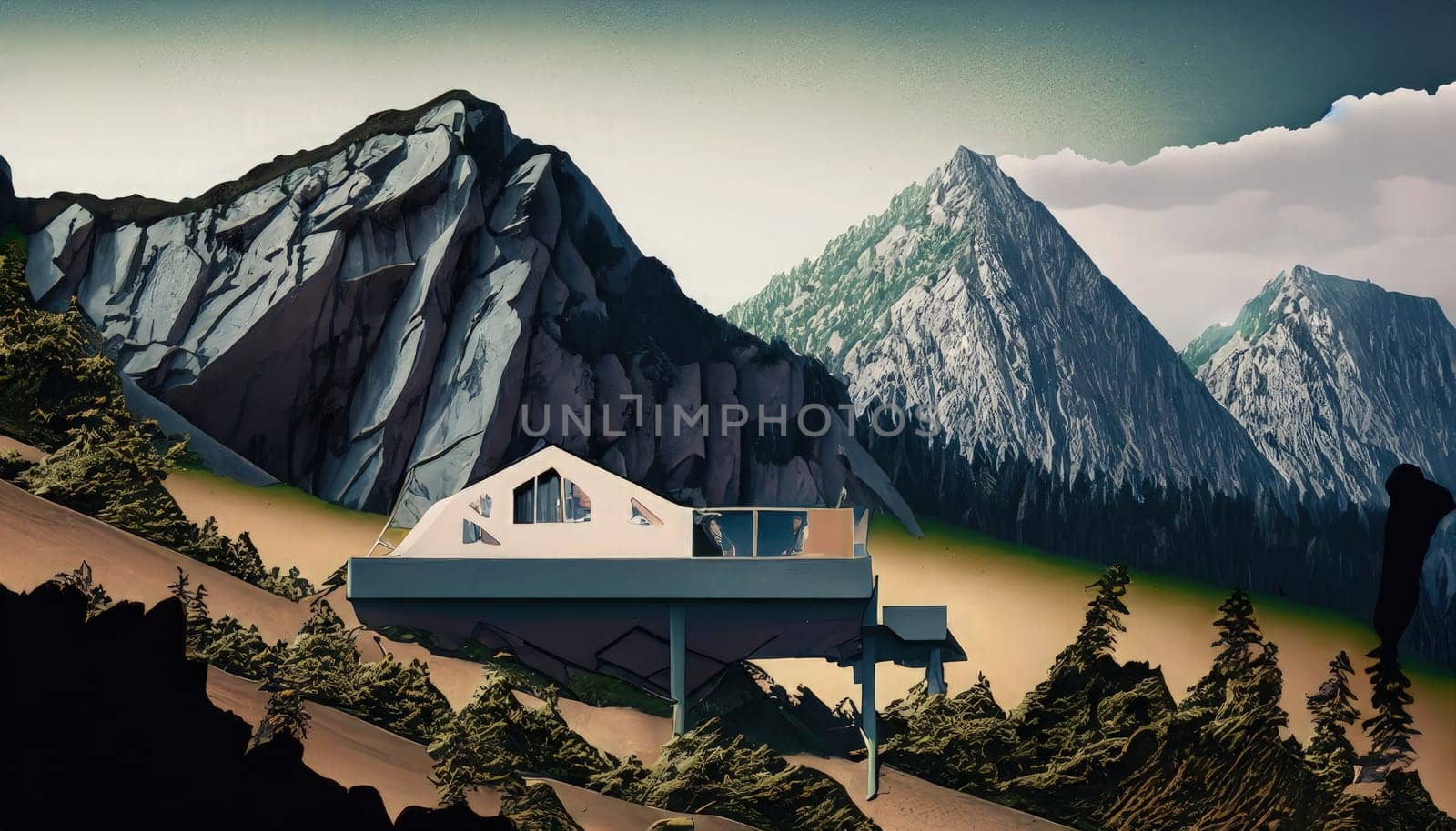 Digital composite of 3D mountains with blue sky and house in foreground by Waseem-Creations