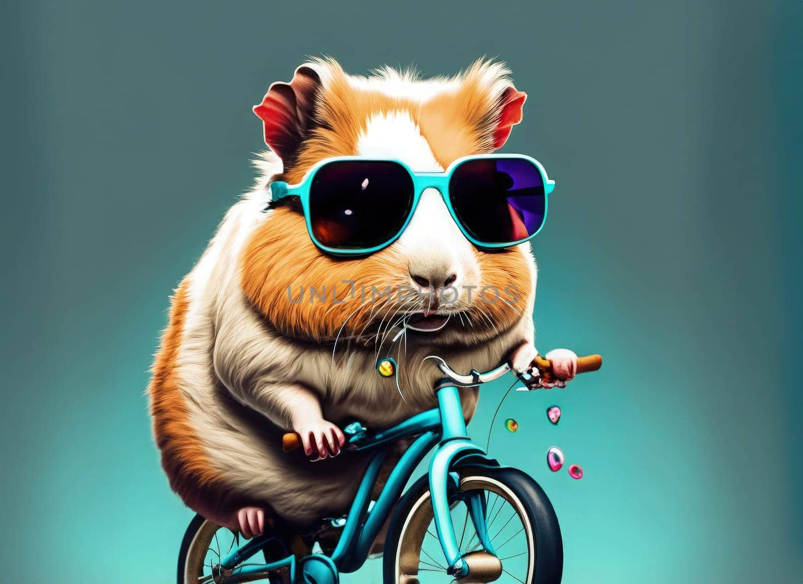 Funny guinea rodent in sunglasses riding bicycle. Funny pet. Generative AI.