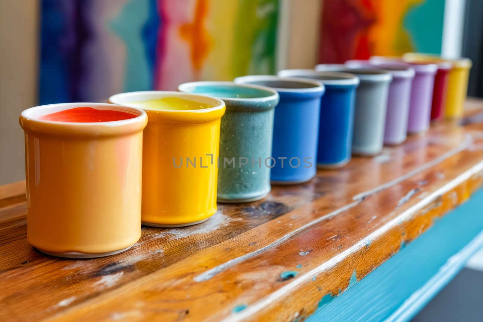 Row of colorful cups on wooden table. Generative AI.