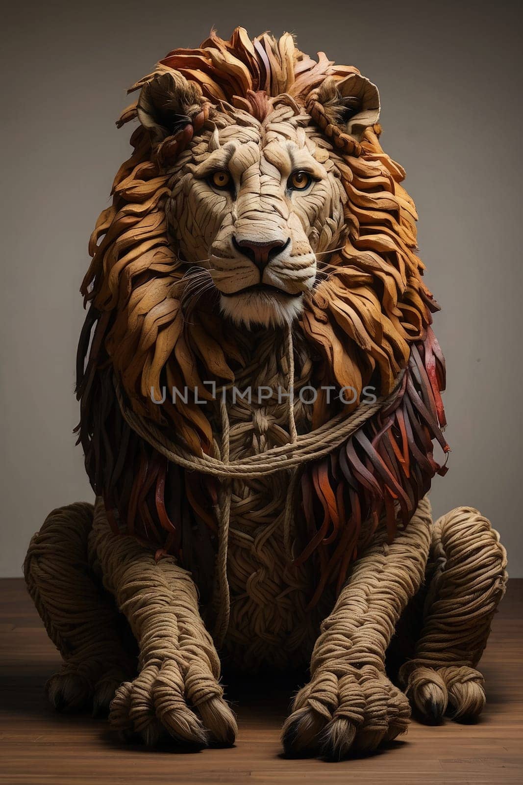 Lion sculpture made from wood on wood background. Animal portrait. Generative AI.