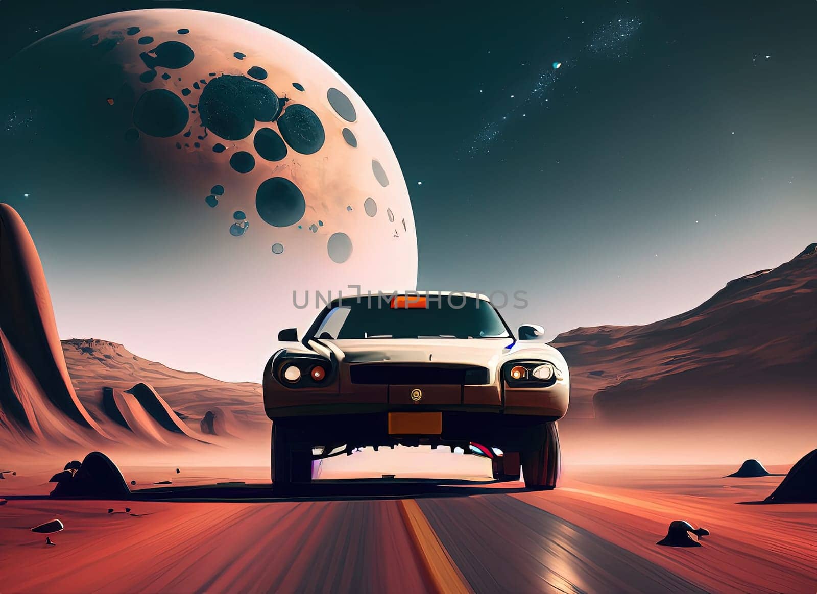 Car on the road to the moon. 3D rendering. Generative AI.