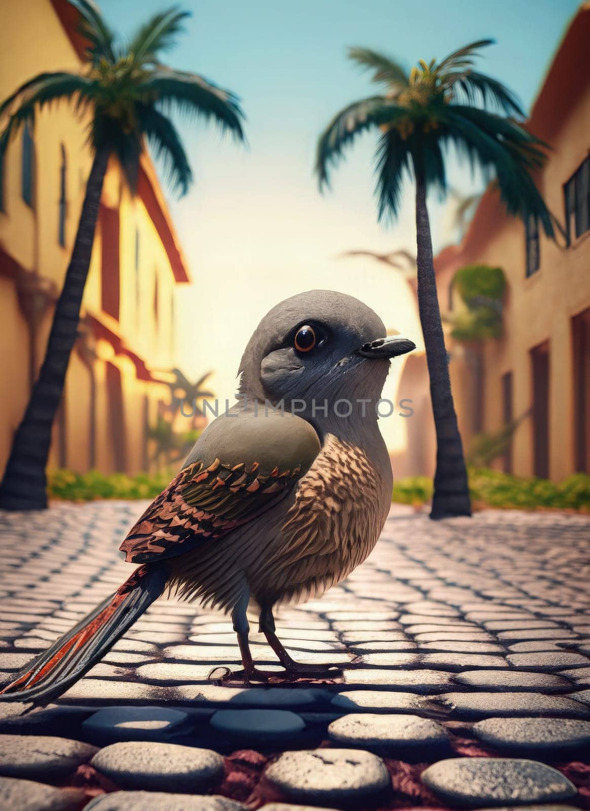 Colorful bird standing on the pavement in front of the palm tree. Generative AI.