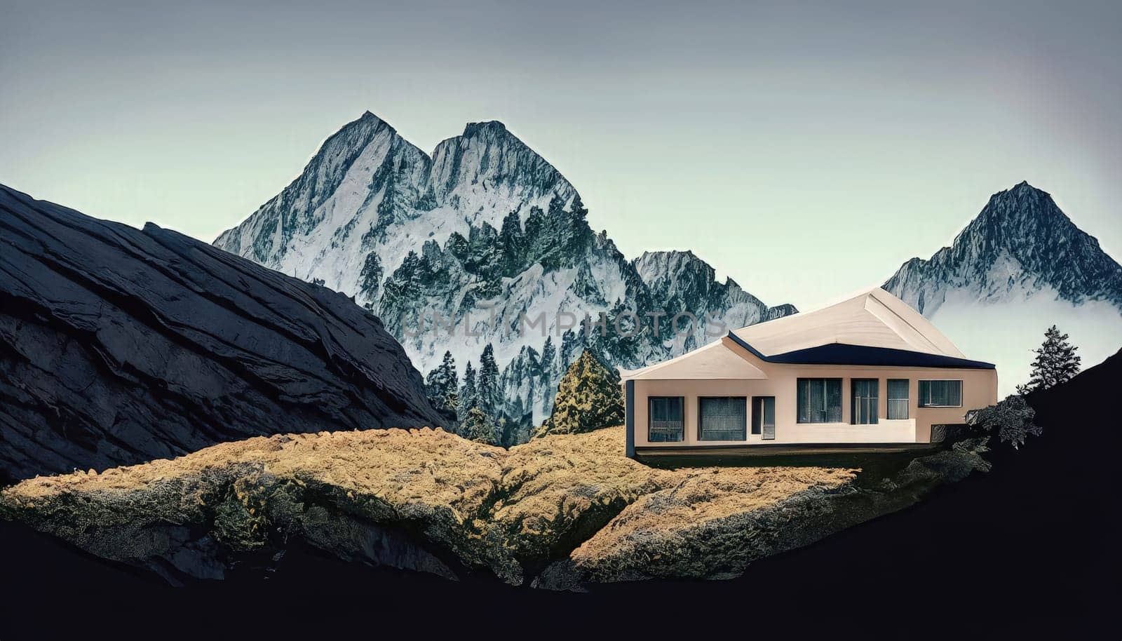 Modern house on top of a mountain. 3D Rendering. Generative AI.