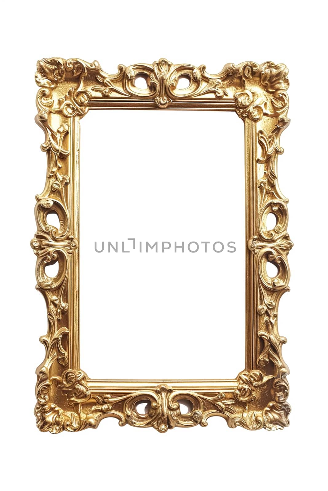Blank empty 2:3 golden picture frame isolated on white background