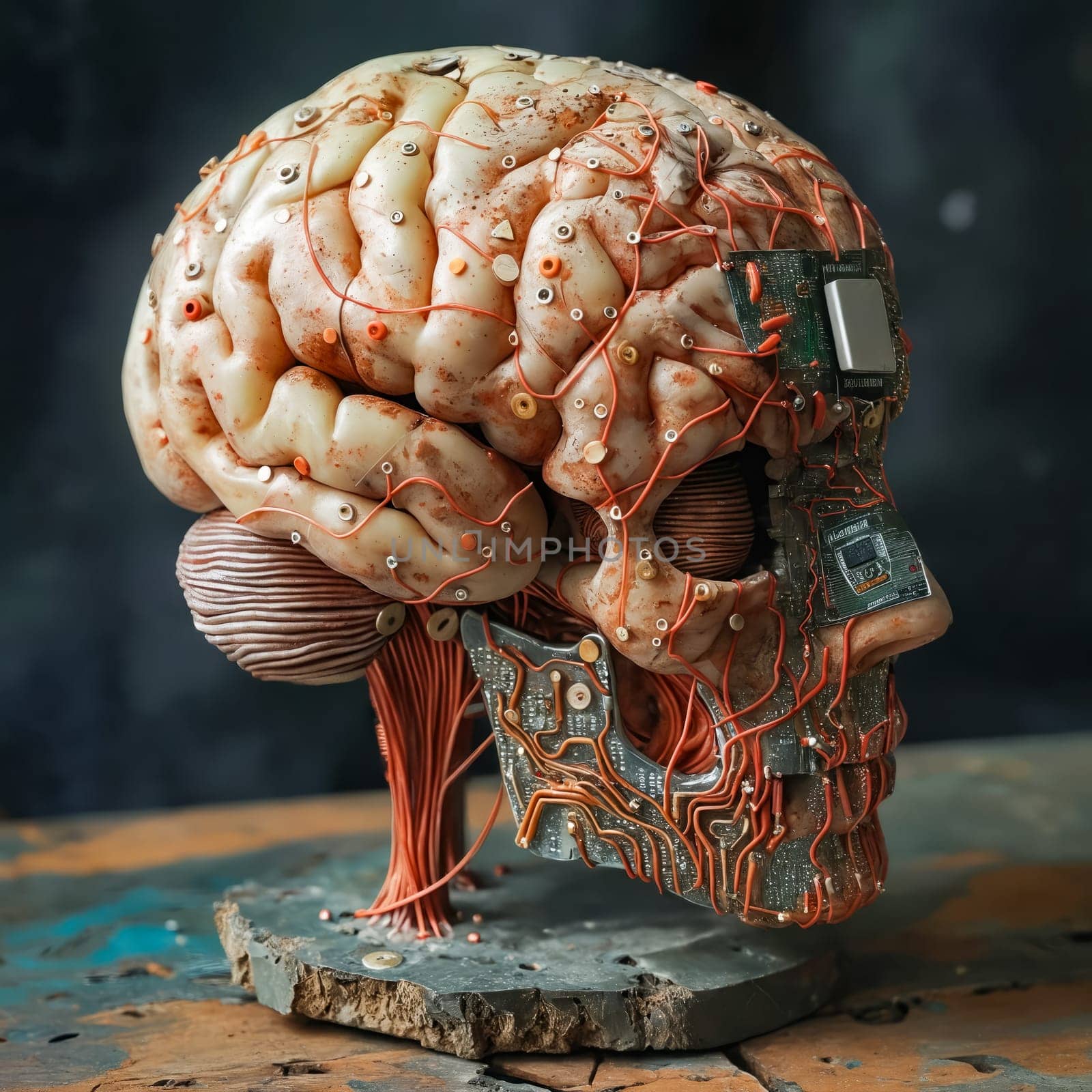 Sculpture of human brain with wires. Generative AI.