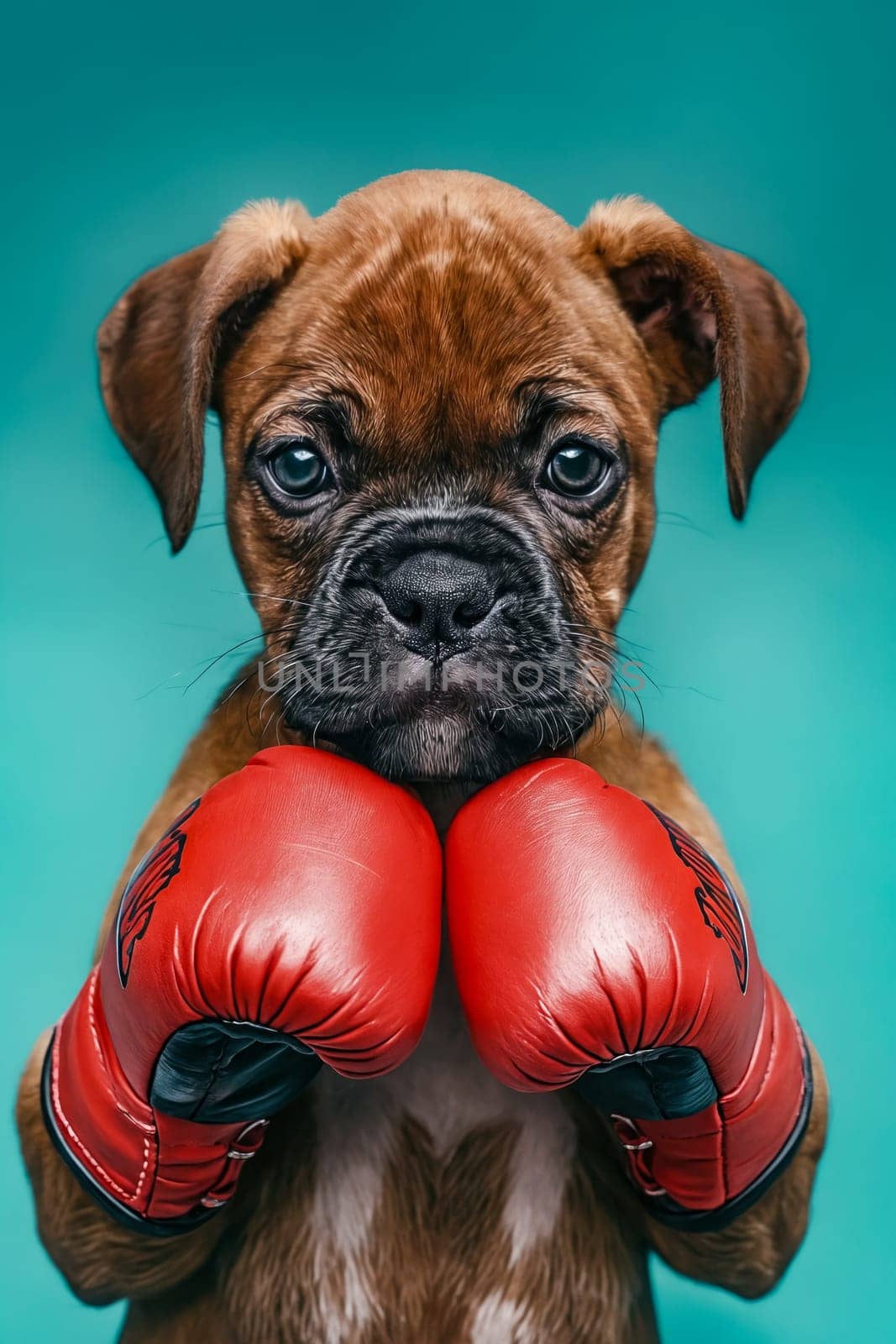 Puppy wearing boxing gloves on blue background. Generative AI.