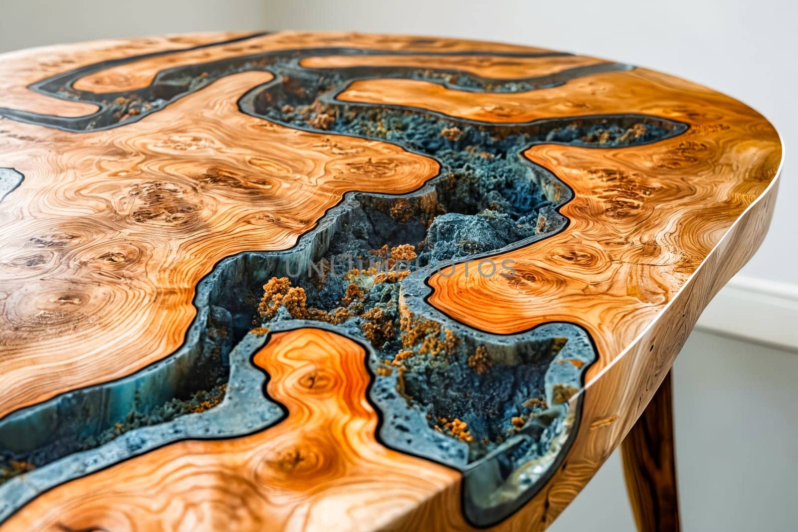 Table with river design on it. Generative AI.