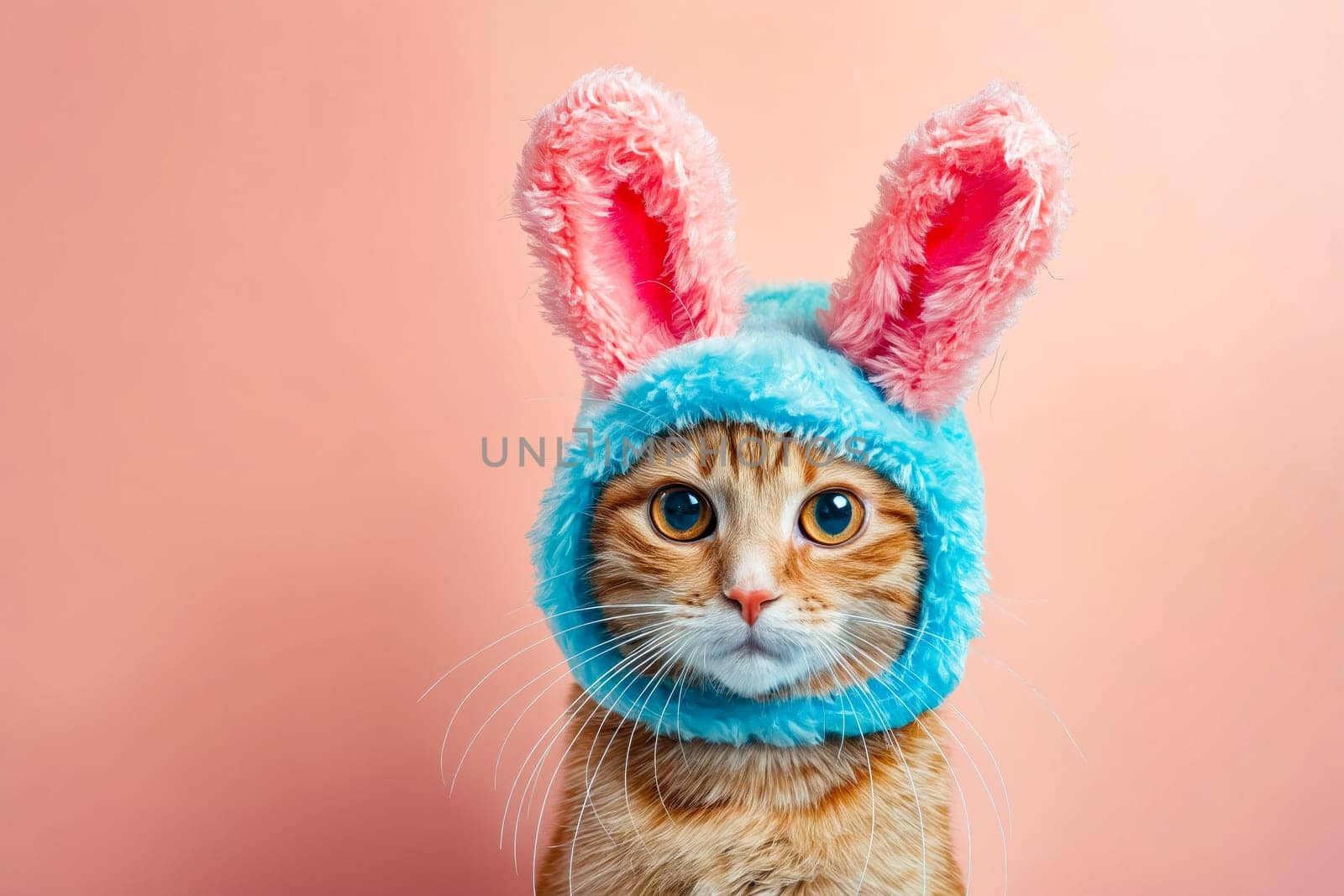 Cat wearing blue bunny hat. Generative AI.