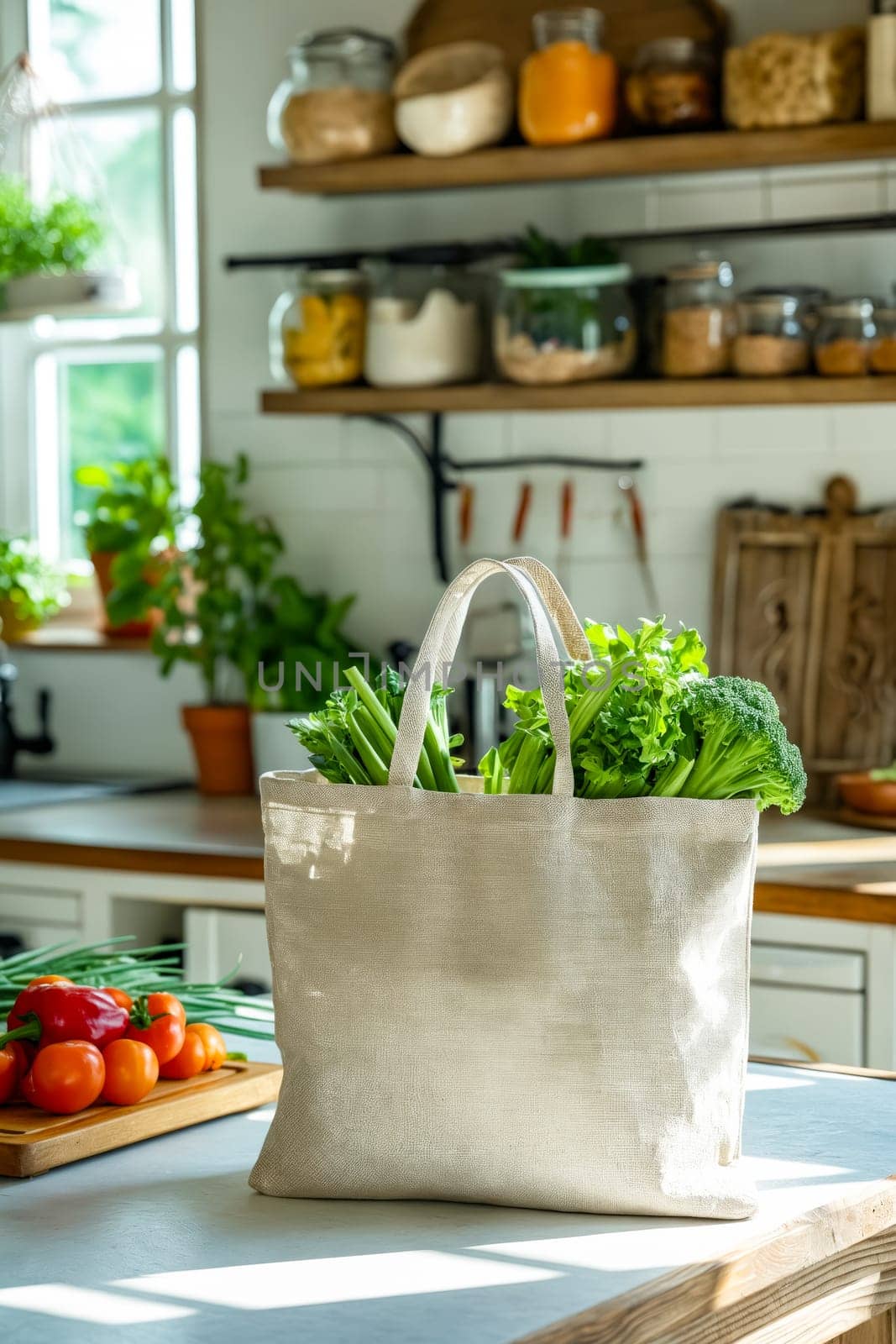 Tote bag filled with vegetables on kitchen counter. Generative AI.
