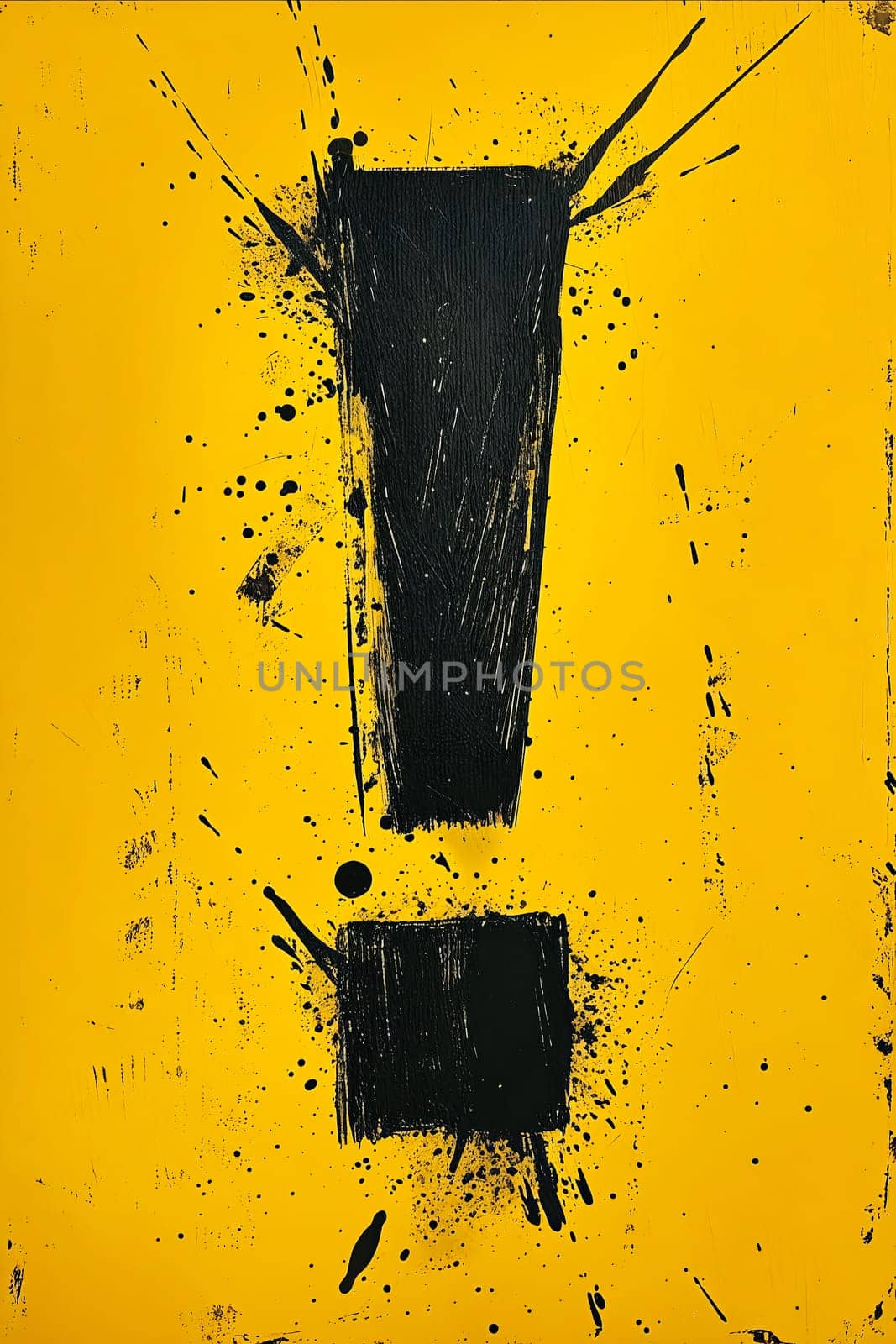 A yellow and black sign with an exclamation point. The sign is splattered with paint, giving it a messy and chaotic appearance. Generative AI