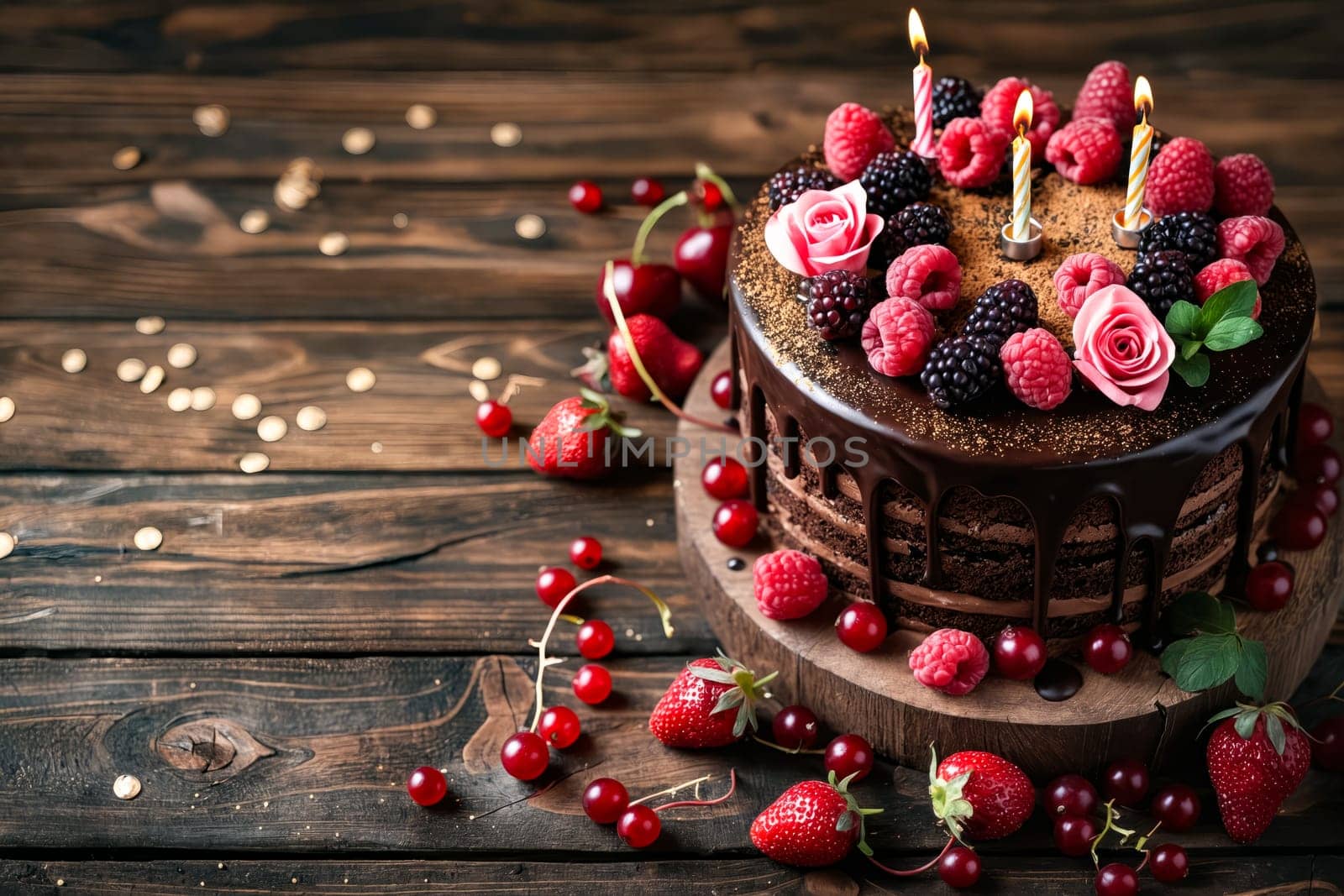 Chocolate cake with berries and candles on top. Generative AI.
