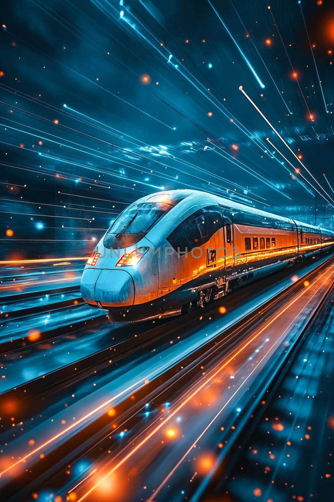Train traveling through tunnel at night. Generative AI.