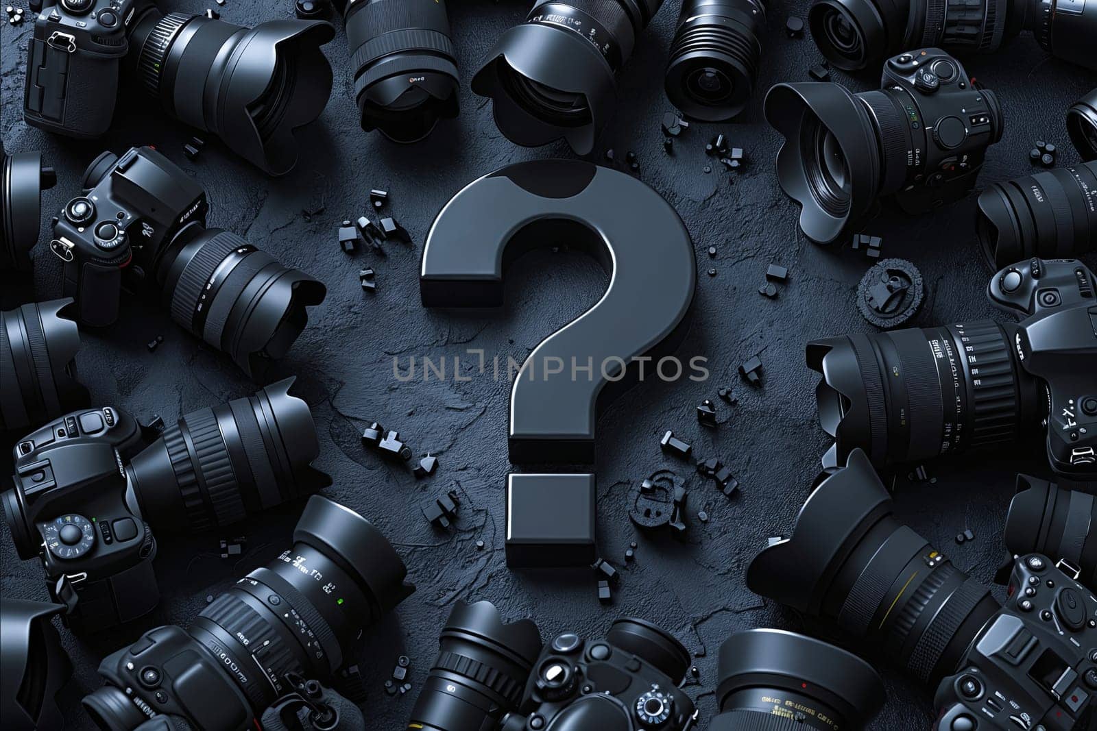 A black and white image of many different lenses with a question mark in the middle. Concept of curiosity and wonder about the various lenses. Generative AI