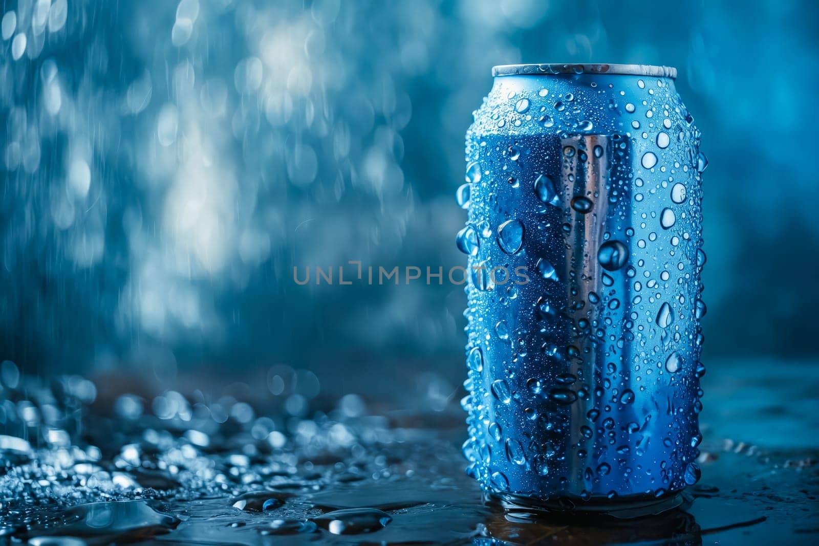 Blue can of soda with water drops on it. Generative AI.