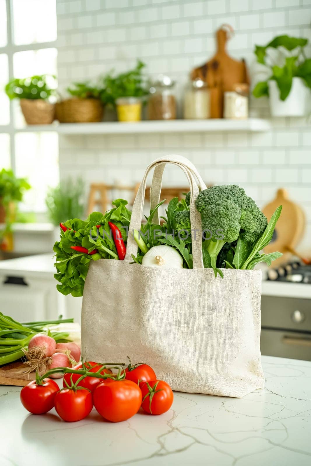 Bag filled with vegetables on kitchen counter. Generative AI.