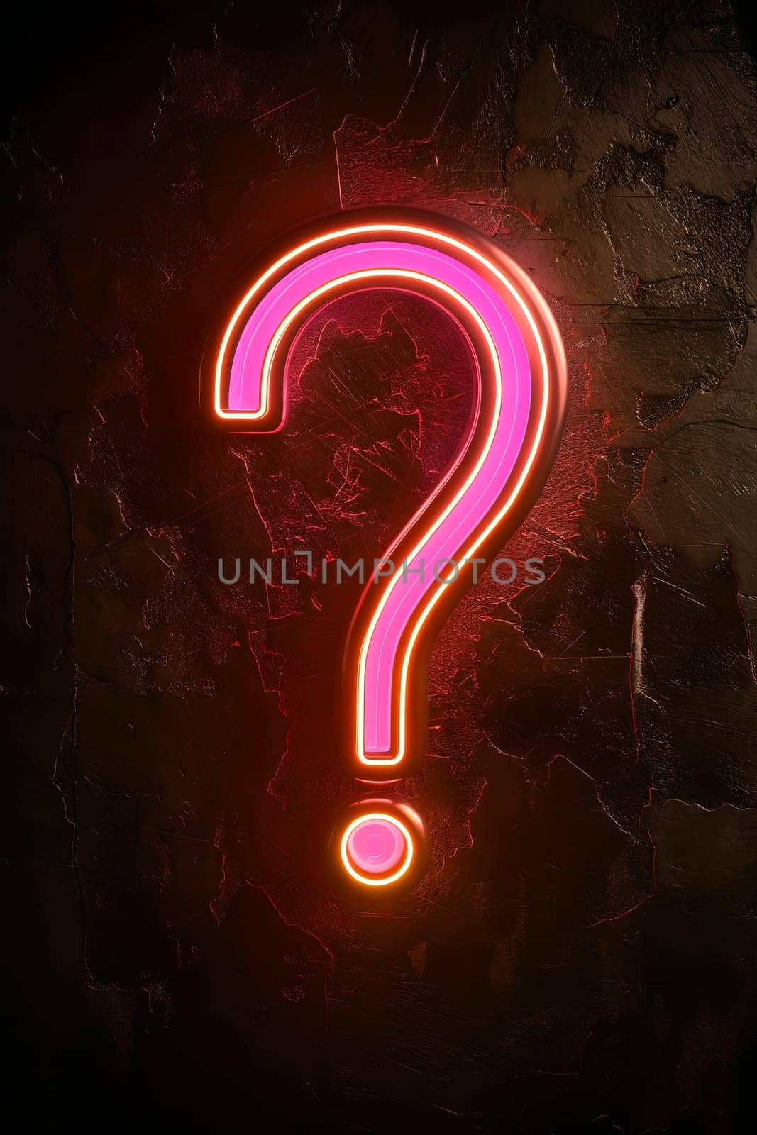 A neon pink question mark is lit up on a dark background. The image has a mysterious and intriguing mood, as the question mark seems to be asking a question that is not immediately clear. Generative AI