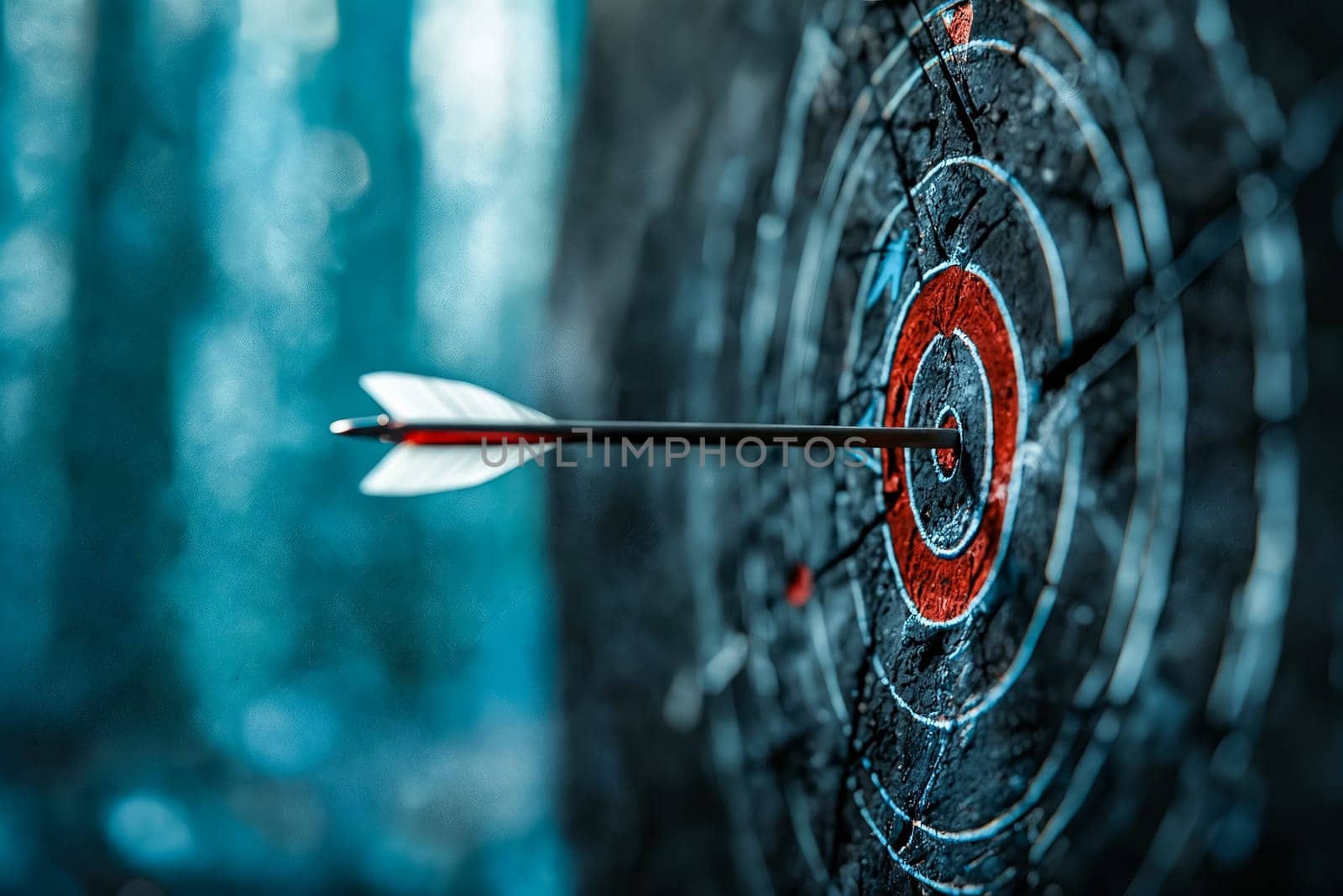 Close up of arrow hitting the bullseye. Generative AI.