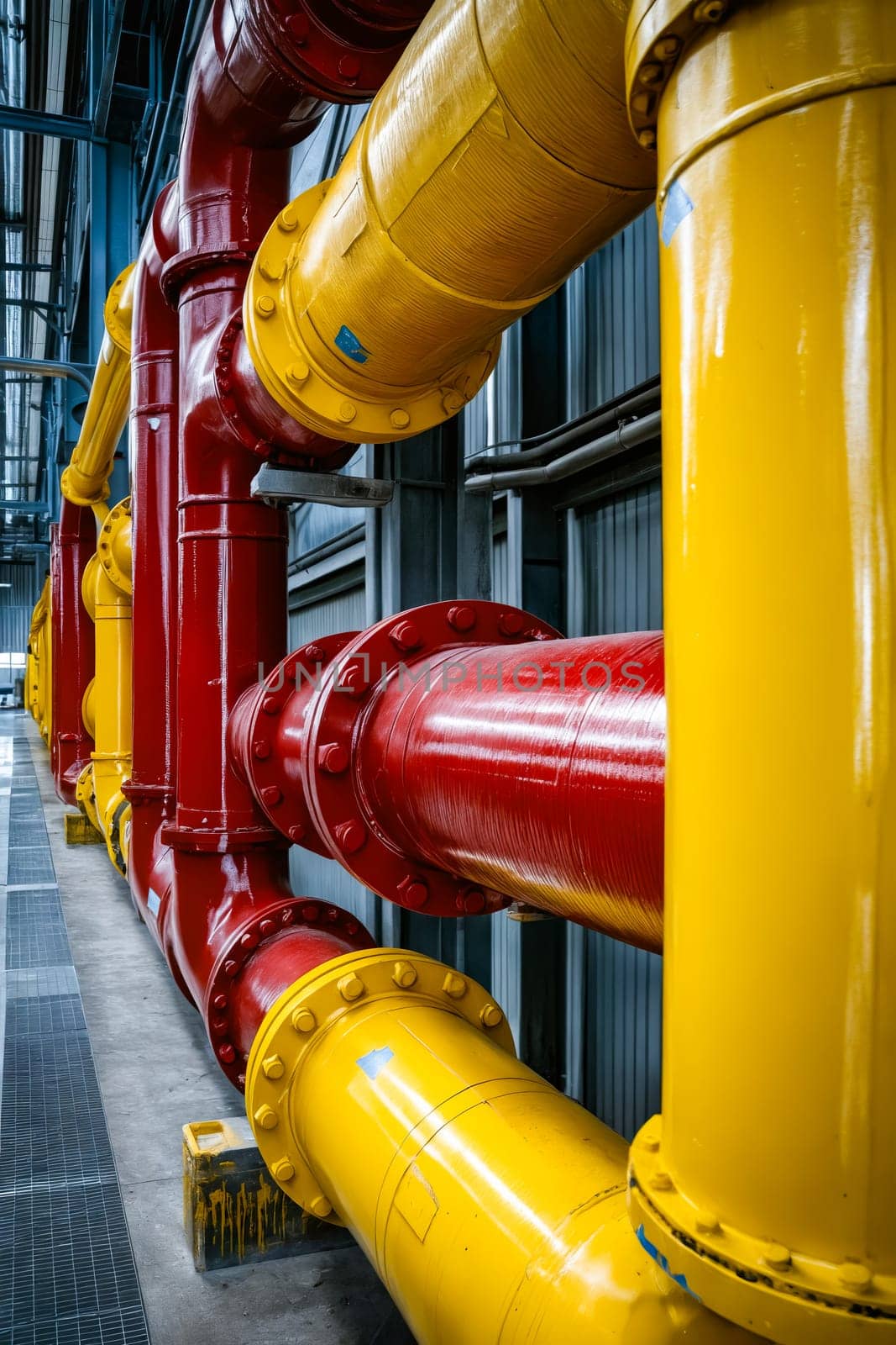 Large pipe with red and yellow pipes. Generative AI.