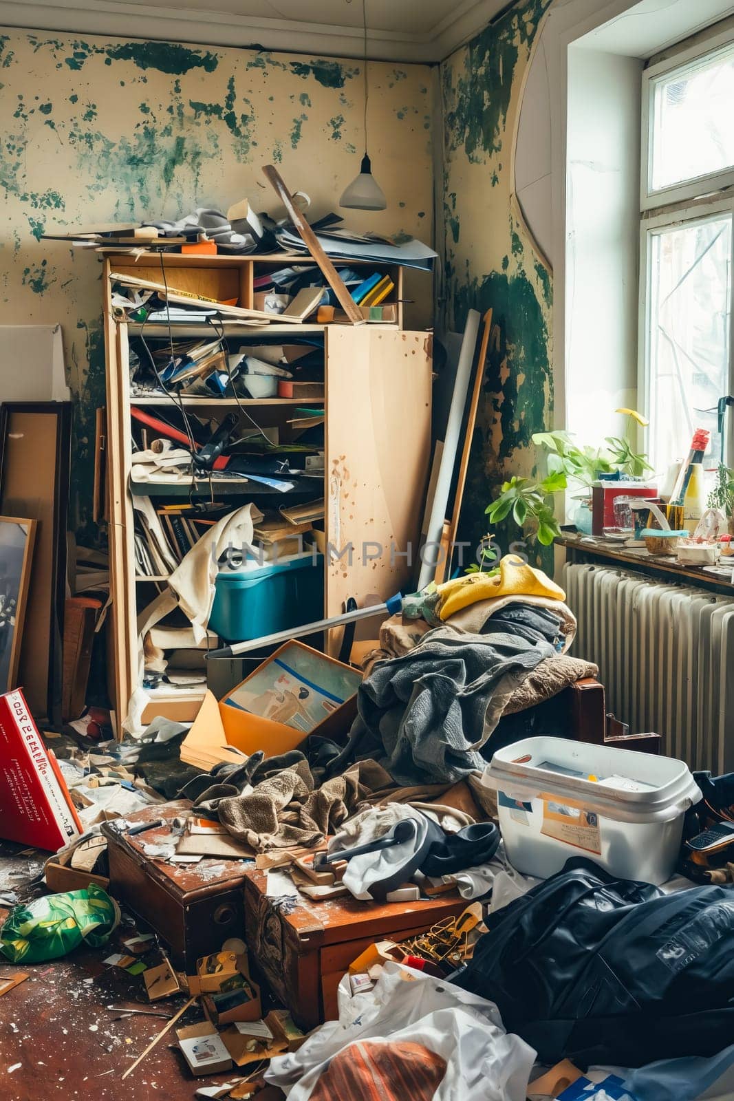 Messy room with lots of clutter and junk. Generative AI.