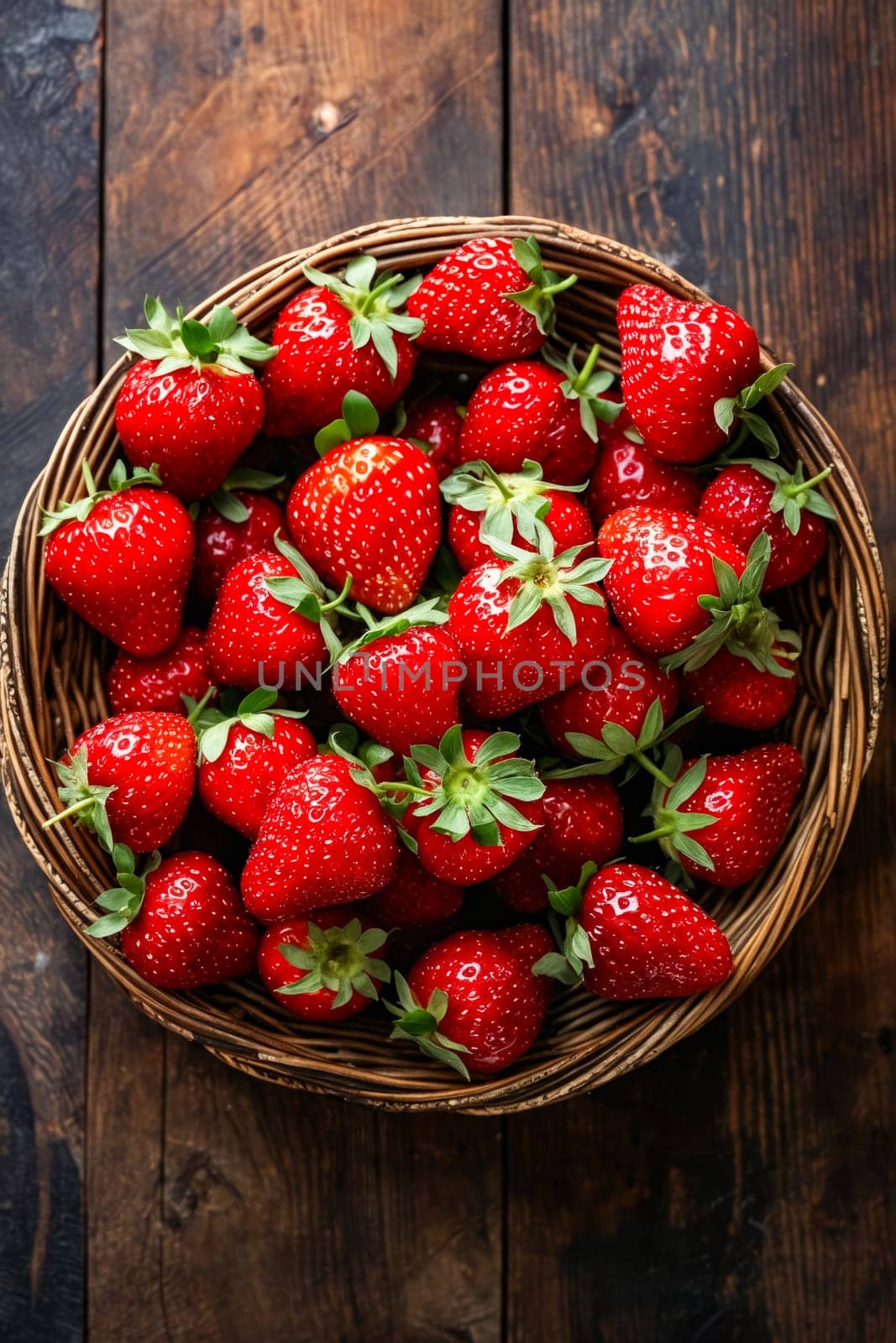 Basket of strawberries on wooden table. Generative AI.