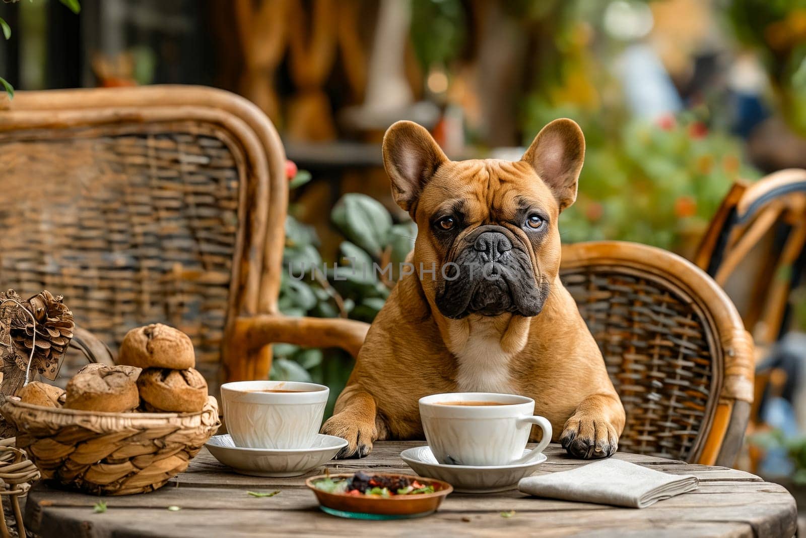 Dog sitting at table with coffee and cookies. Generative AI.