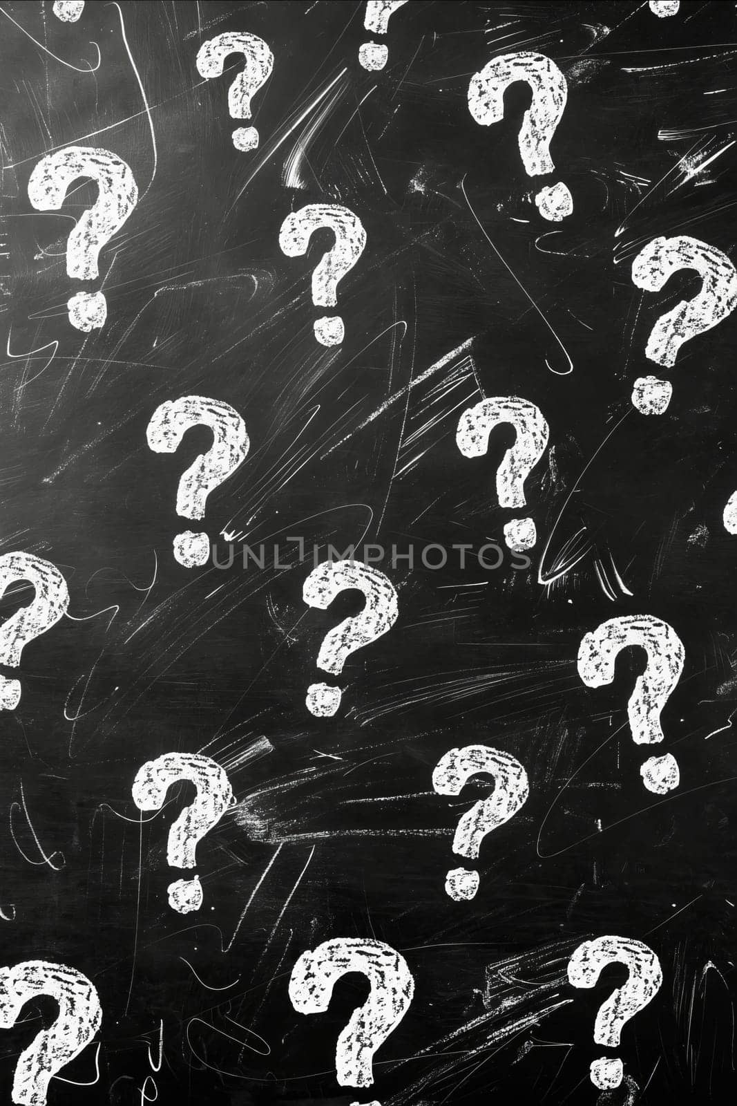 A chalkboard with many white question marks drawn on it. Generative AI