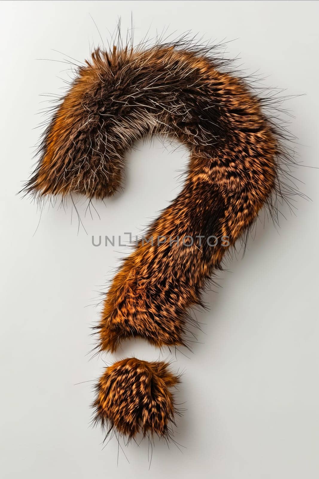 A fuzzy brown and black animal tail with a question mark on it. The tail is made of fur and looks like it's been cut in half. Generative AI