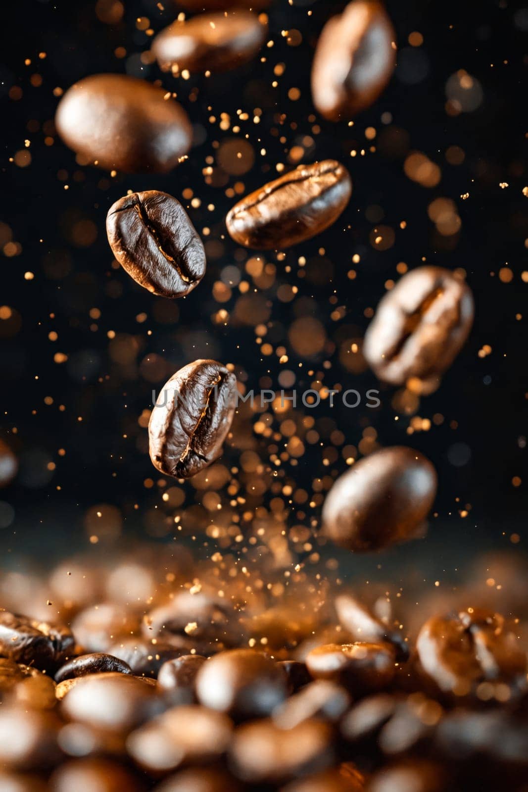 Coffee beans falling into the air. Generative AI.