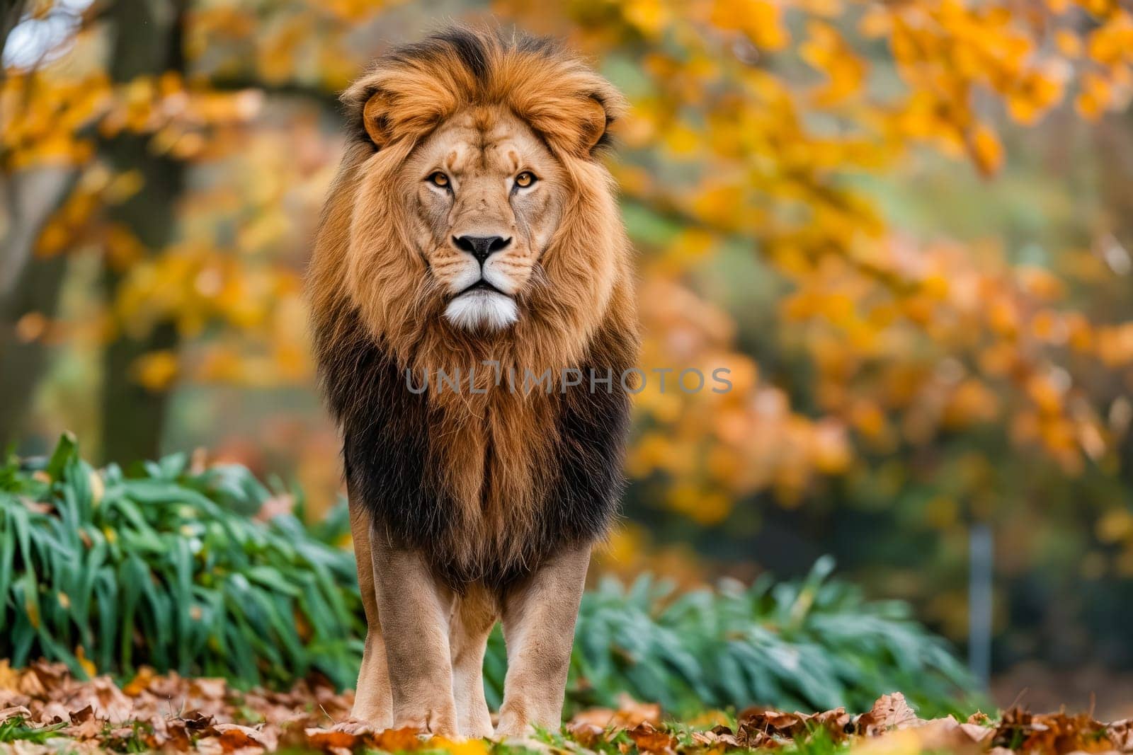 Lion standing in the middle of field. Generative AI.