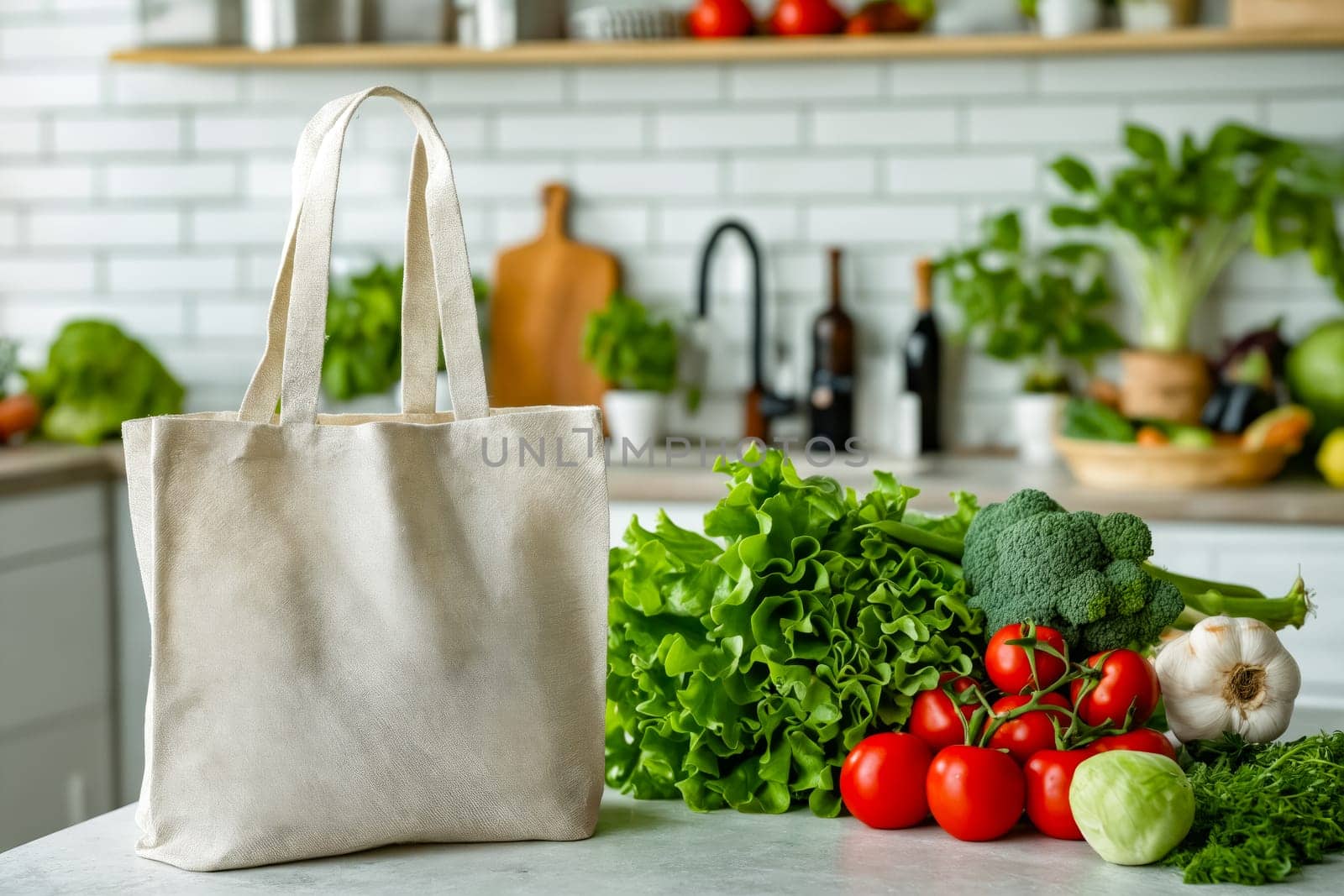 Tote bag with vegetables and fruits on kitchen counter. Generative AI.