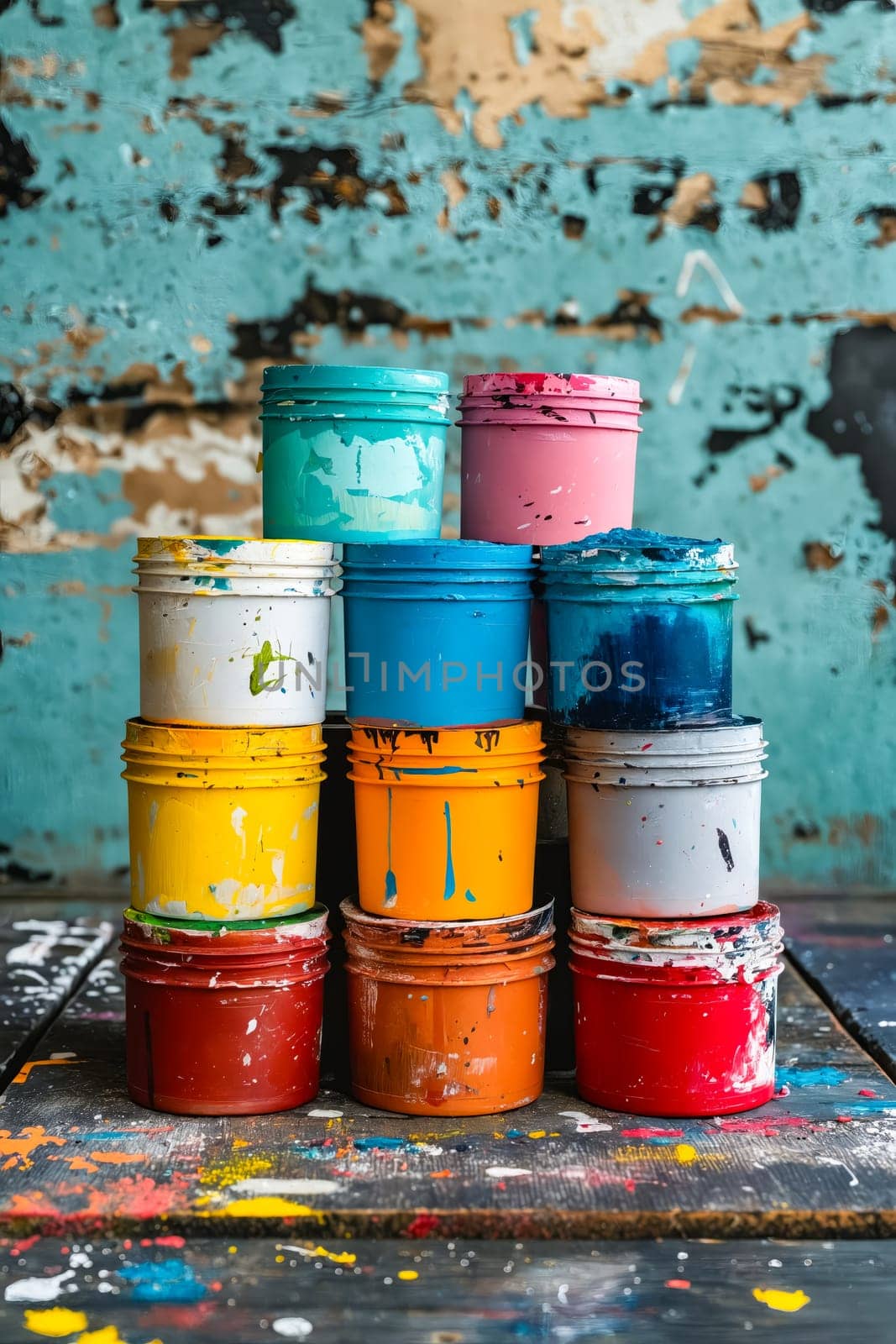 Stack of paint cans on wooden table. Generative AI.