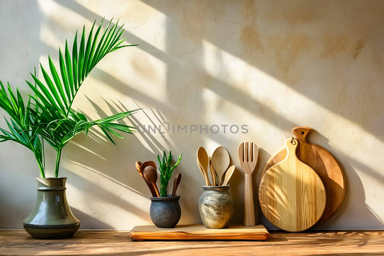 Wooden cutting board and palm leaf on shelf. Generative AI.
