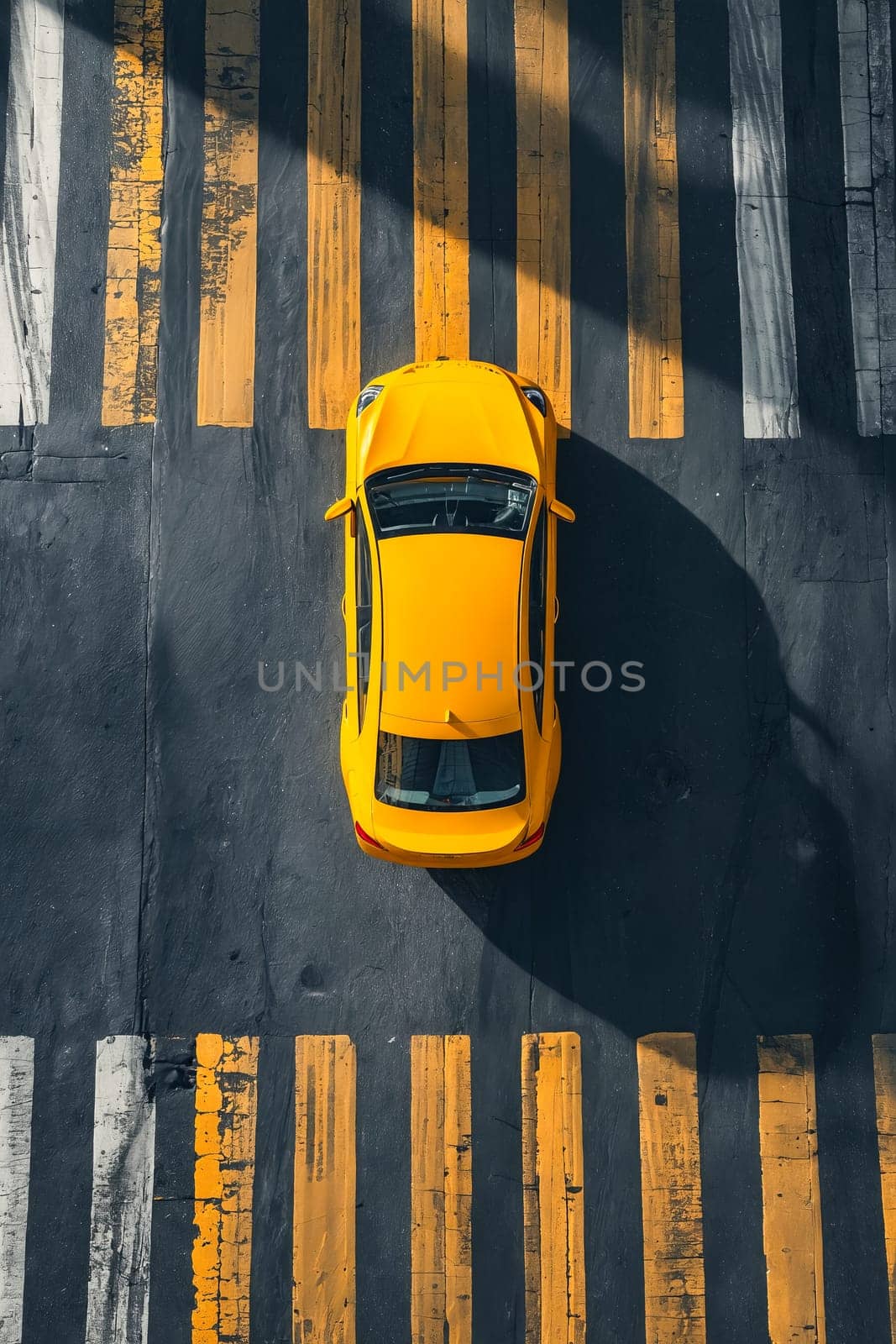 Yellow car is seen from above on street. Generative AI.