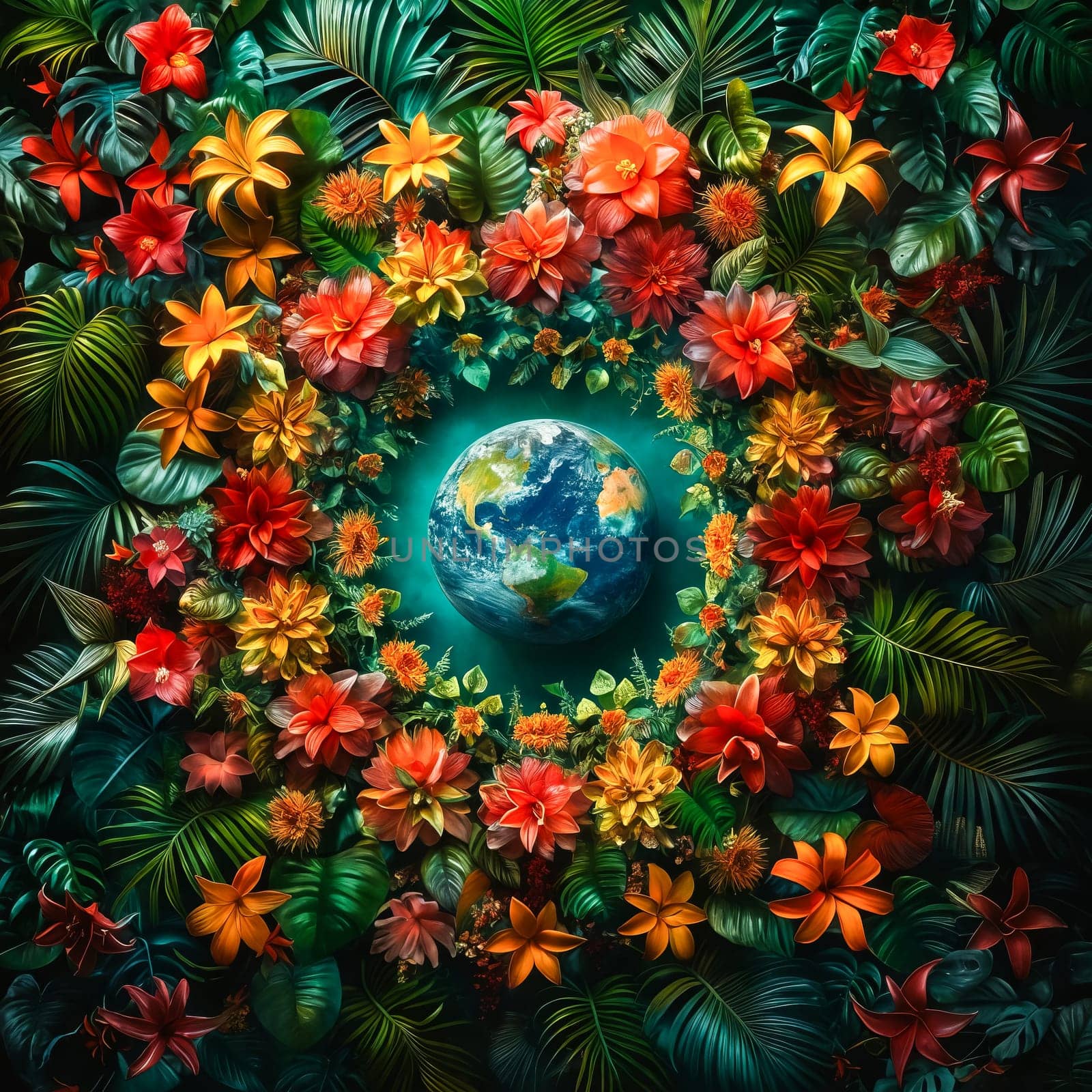 Earth surrounded by flowers and leaves. Generative AI.