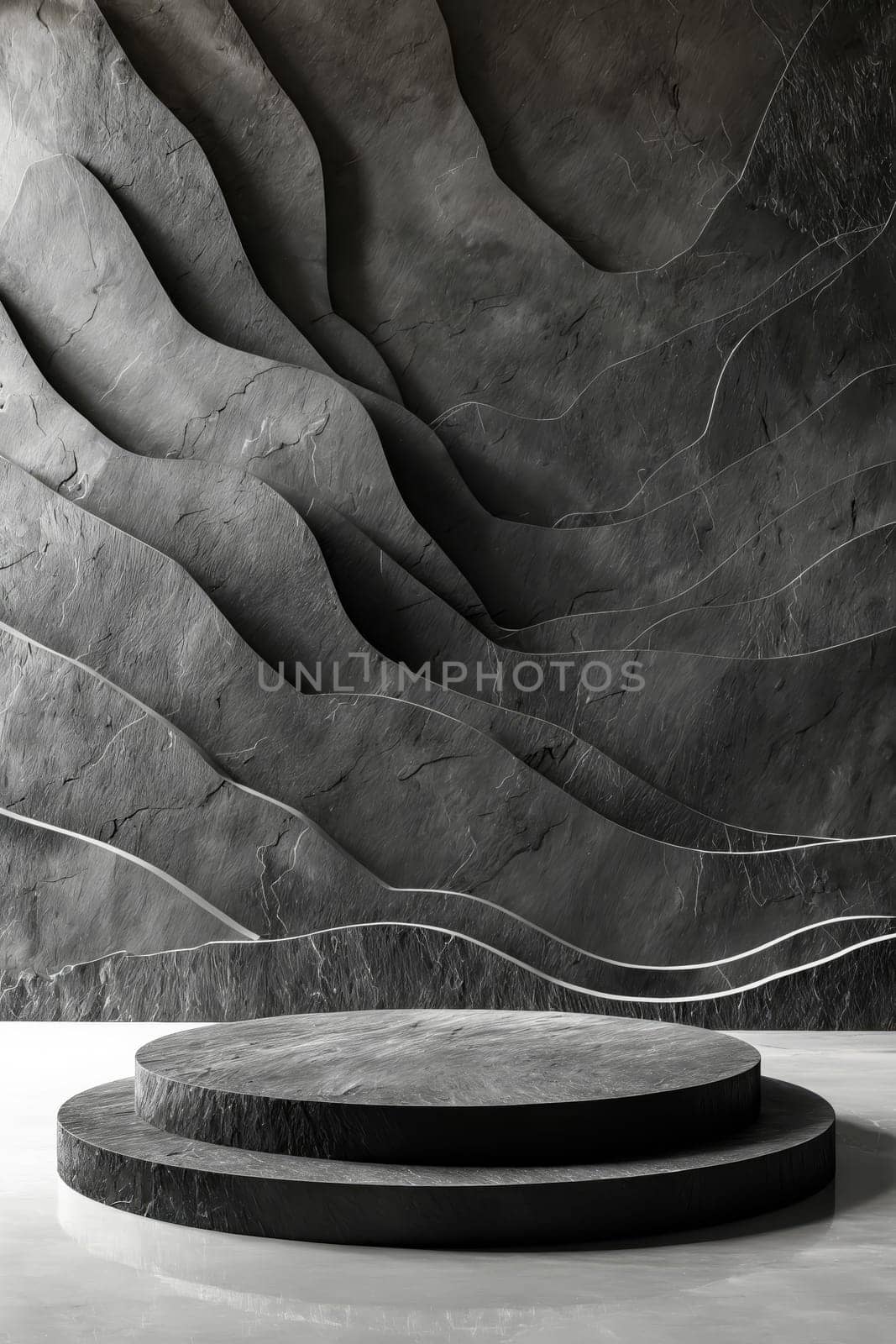 Black and white stone wall with circular platform. Generative AI.