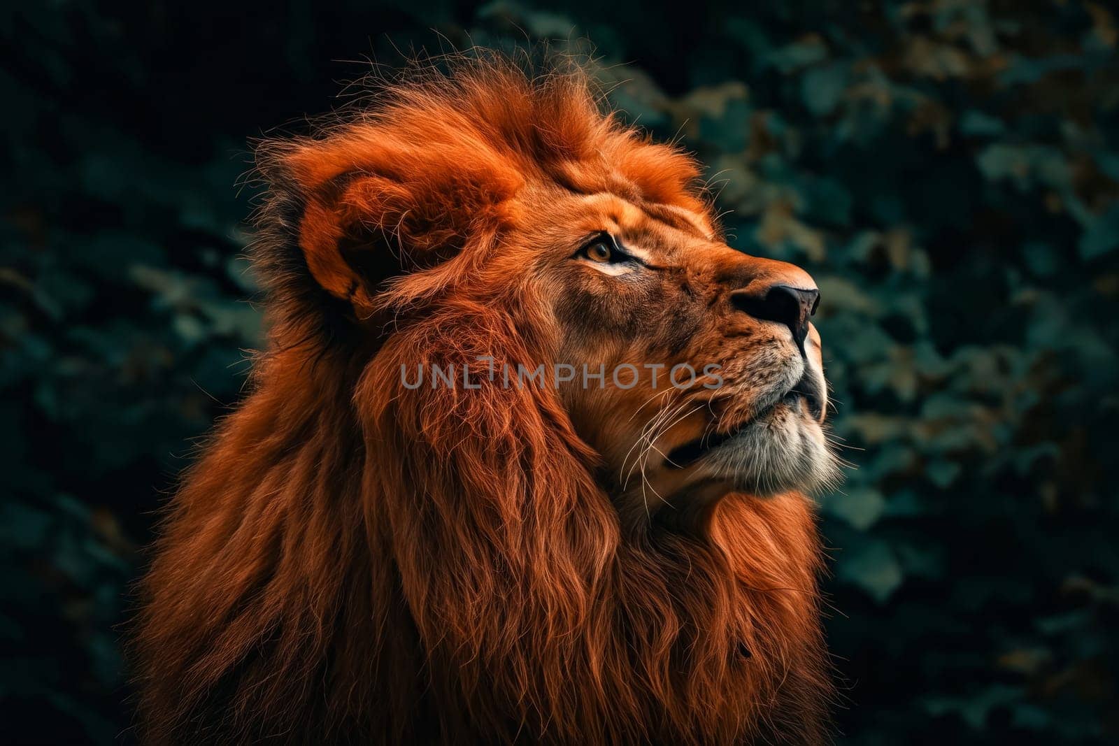 Lion is looking up at the sky. Generative AI.