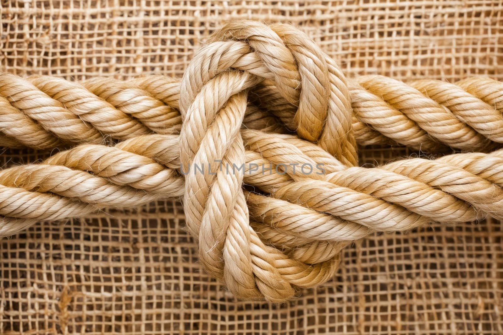 Rope tied to piece of burlock. Generative AI.