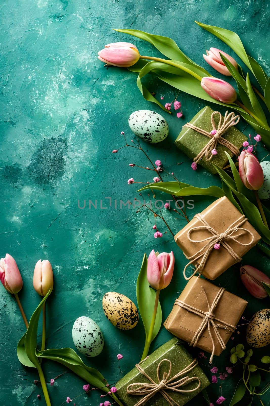 Easter background with tulips and eggs. Generative AI.