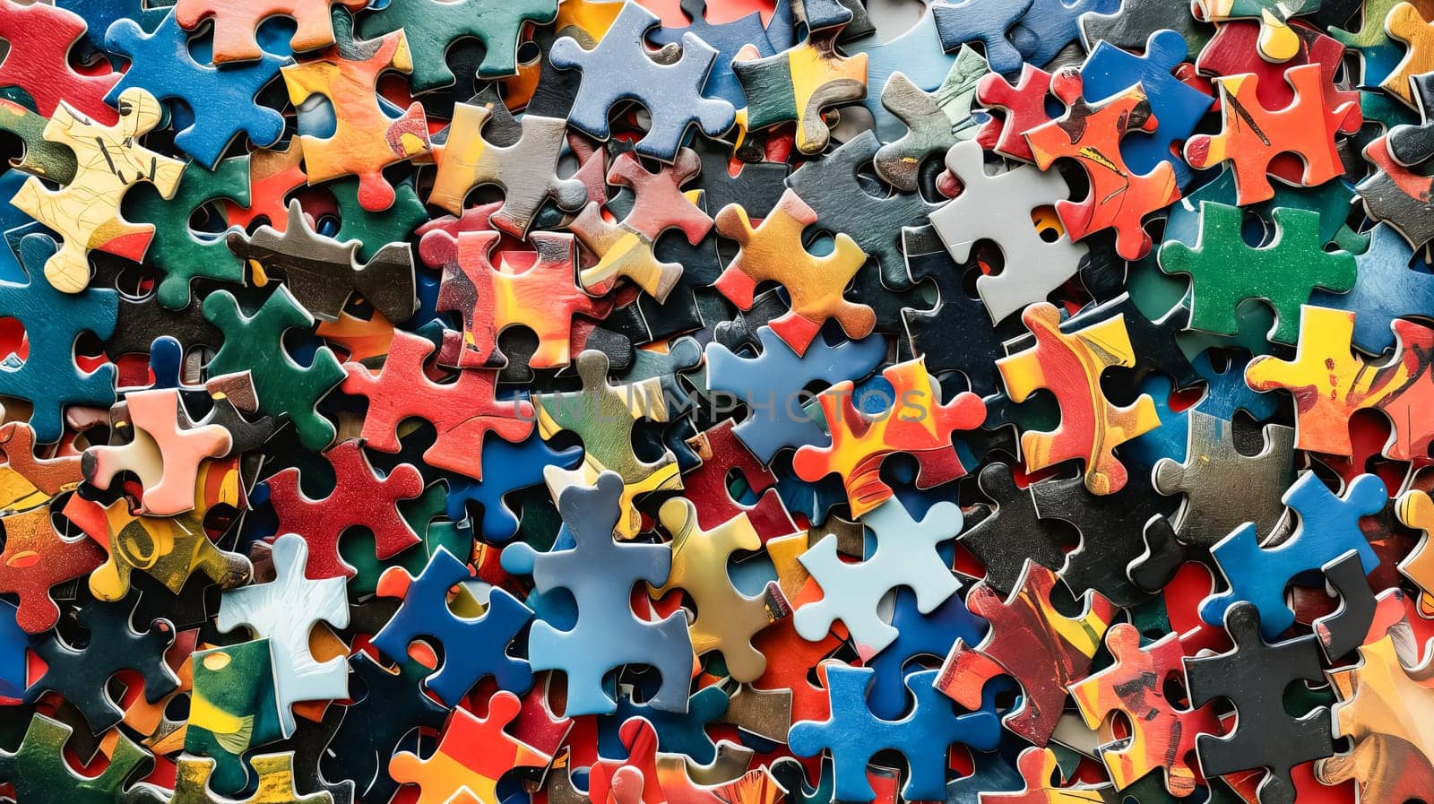 Pile of colorful puzzle pieces. Generative AI.