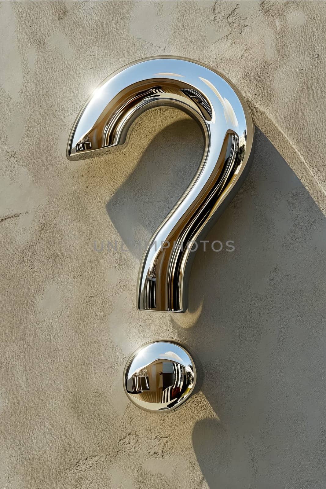 A silver question mark is hanging on a wall. The question mark is made of metal and has a shiny, reflective surface. Concept of curiosity and intrigue. Generative AI