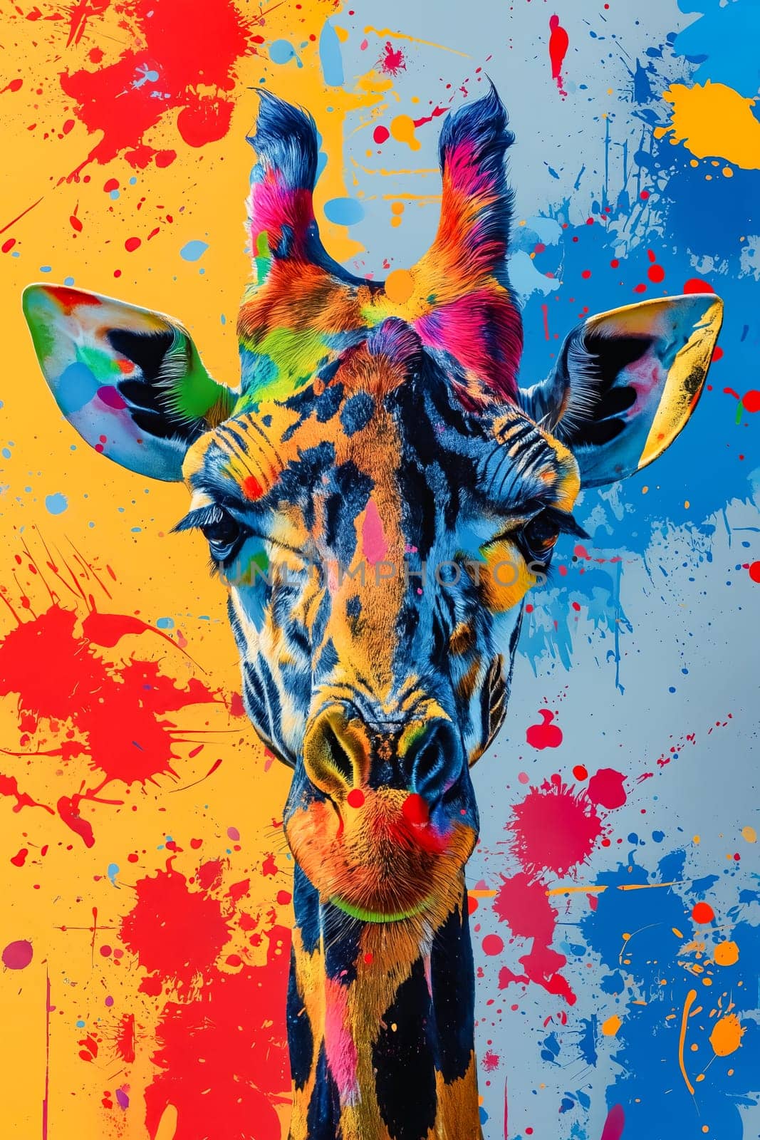 Giraffe with colorful paint splatters on its face. Generative AI.
