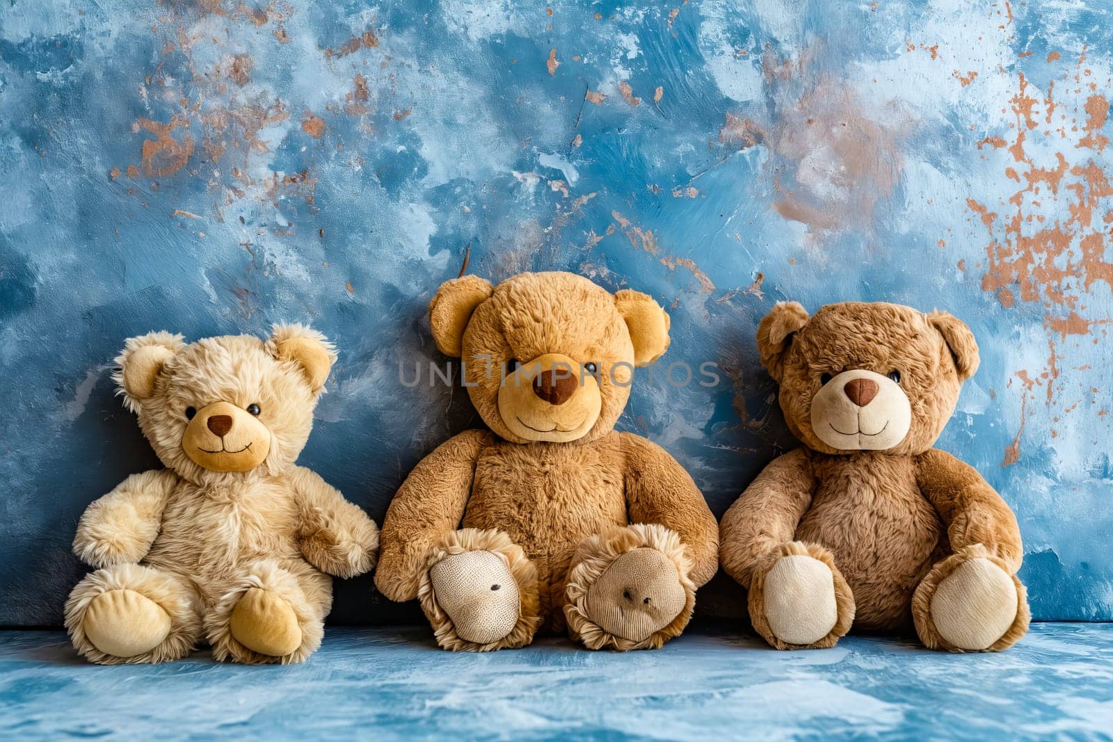 Three teddy bears sitting on blue background. Generative AI.