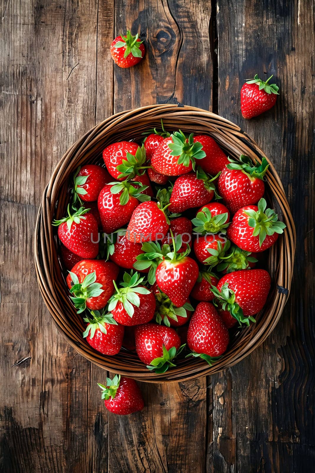 Basket of strawberries on wooden table. Generative AI.