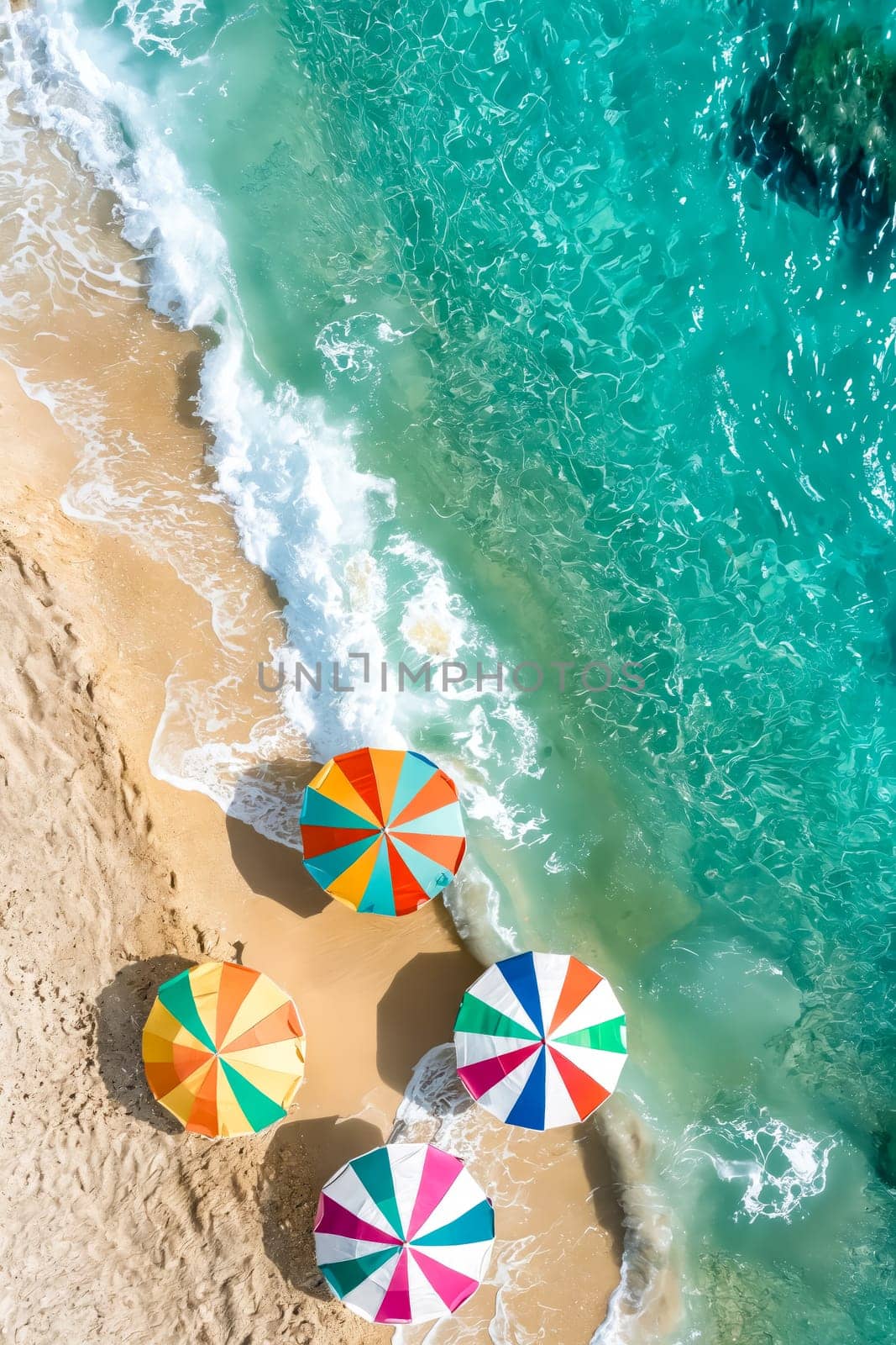 Colorful umbrellas on the beach. Generative AI.