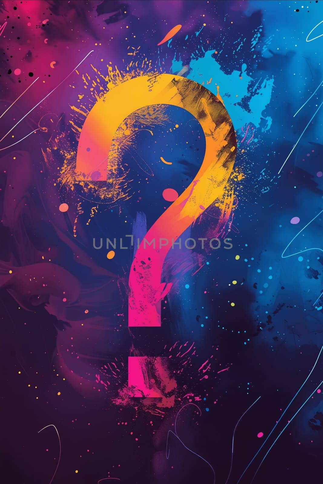 A colorful, abstract painting of a question mark with a blue background. The painting is full of splatters and he is a work of abstract art. Generative AI