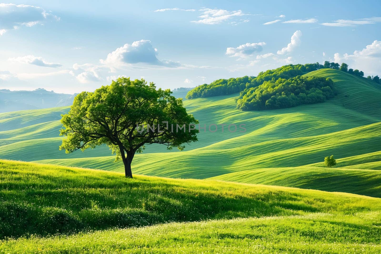 Tree in the middle of green field. Generative AI.